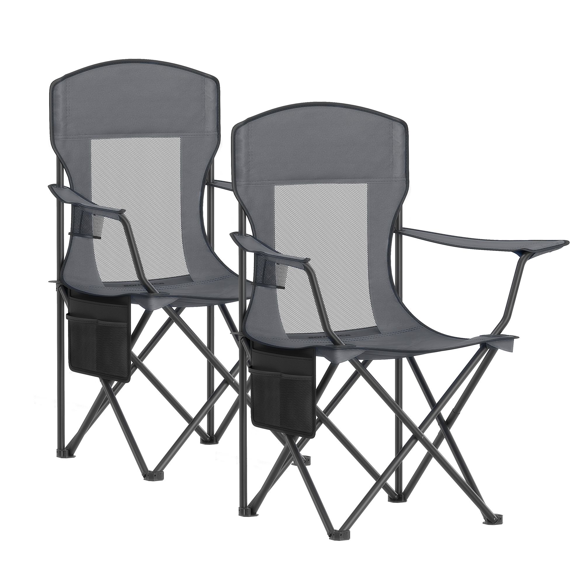 SONGMICS Juego de 2 Sillas de Camping Transpirables, Plagables Exterior con Respaldo Alto, Reposabrazos Ajustables, Portavasos, Carga 150 kg, para Jardín, Patio, Negro Tinta/Gris Pizarra/Azul Marino