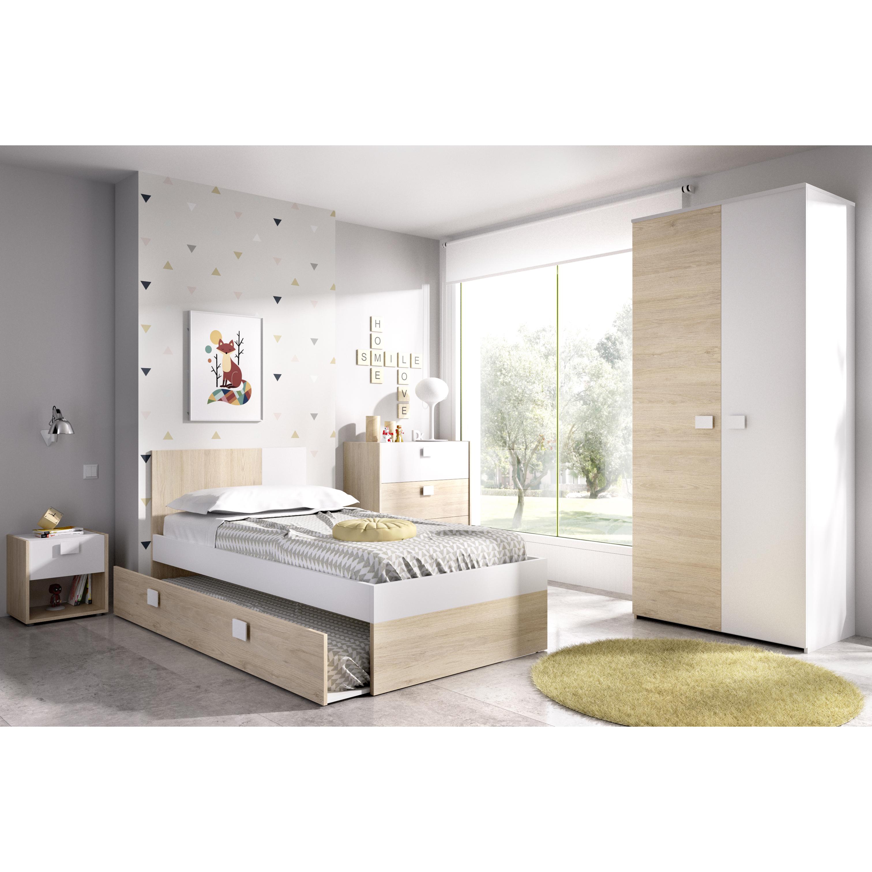 DEKIT GRUPO RIMOBEL DINA PACK - CONJUNTO DE CAMA 190X90 CON ARRASTRE, MESITA DE NOCHE, COMODA DE 3 CAJONES Y ARMARIO - NATURAL / BLANCO