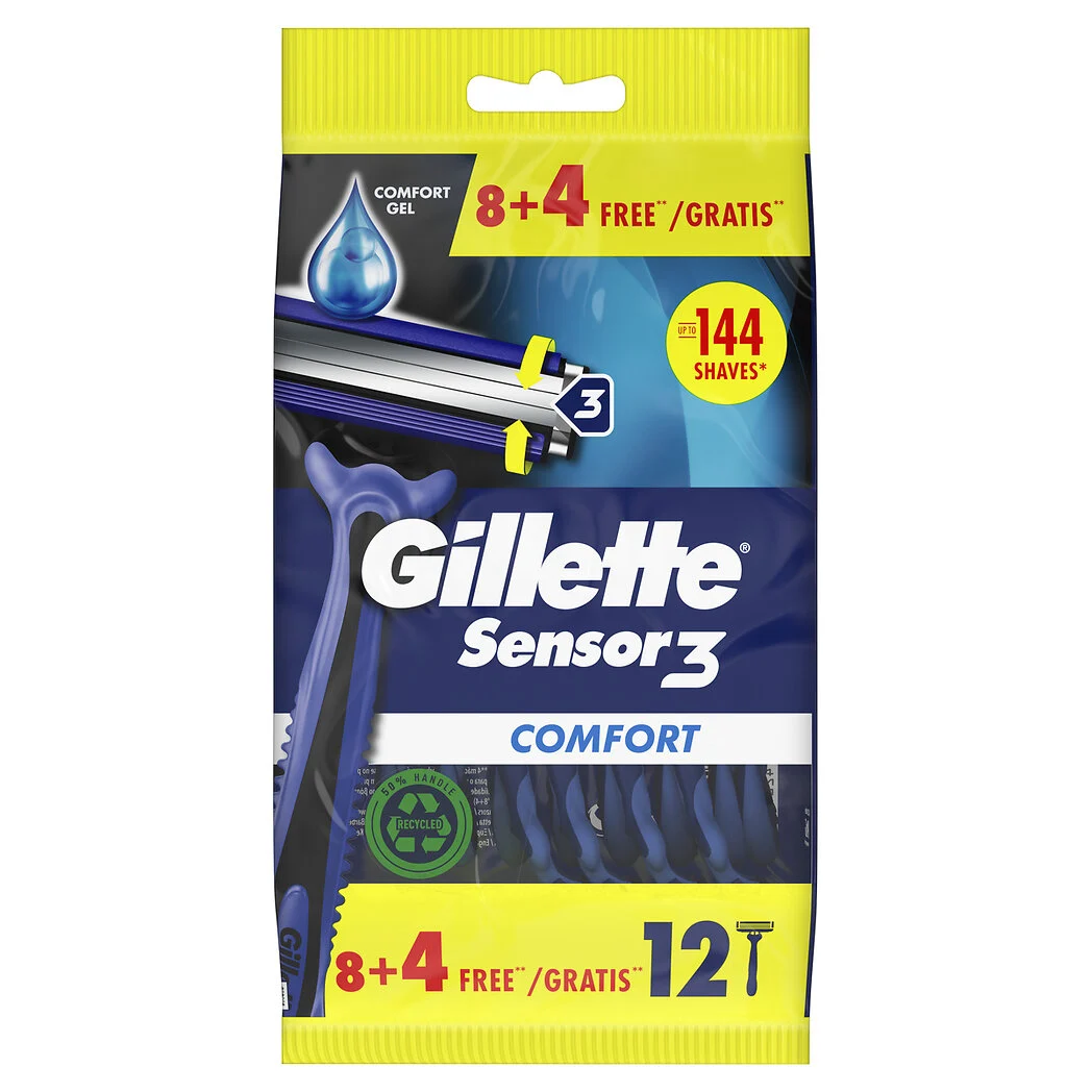 Chuchillas Sensor3 Comfort - Maquinillas Afeitadoras Desechables para Hombre con banda lubricante. Lote de 8+4 = 12 maquinillas