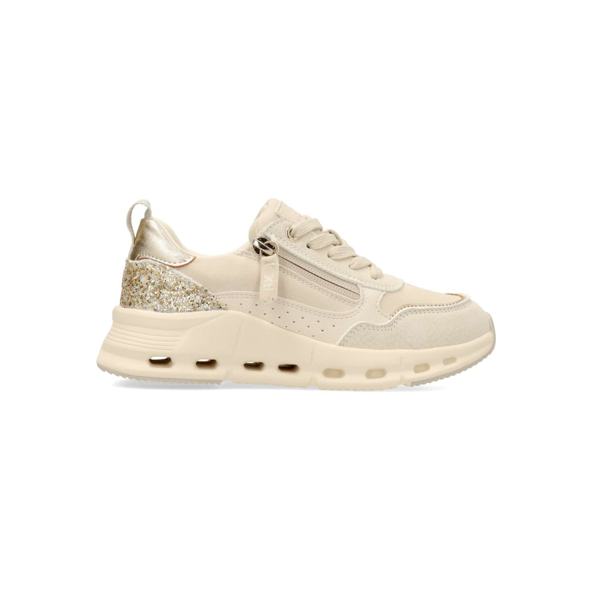 XTI - Zapatillas deportivas casuales para niña Zapatilla deportiva vegana fabricada en piel sintética suave, con suela de goma flexible, glitter dorado y plantilla Memory Foam acolchada y extraíble