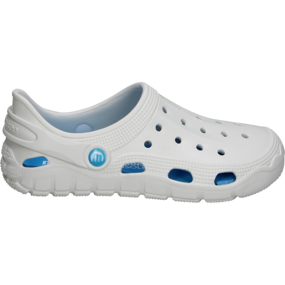 MTNG | Zuecos Barefoot Mustang Free Care para Mujer – Chanclas Respetuosas Blancas con Detalles en Azul – Chancletas con Tira Trasera Abatible – Cero Drop – Flexibles y Ligeras – Con Plantilla de Transición – Modelo 85516