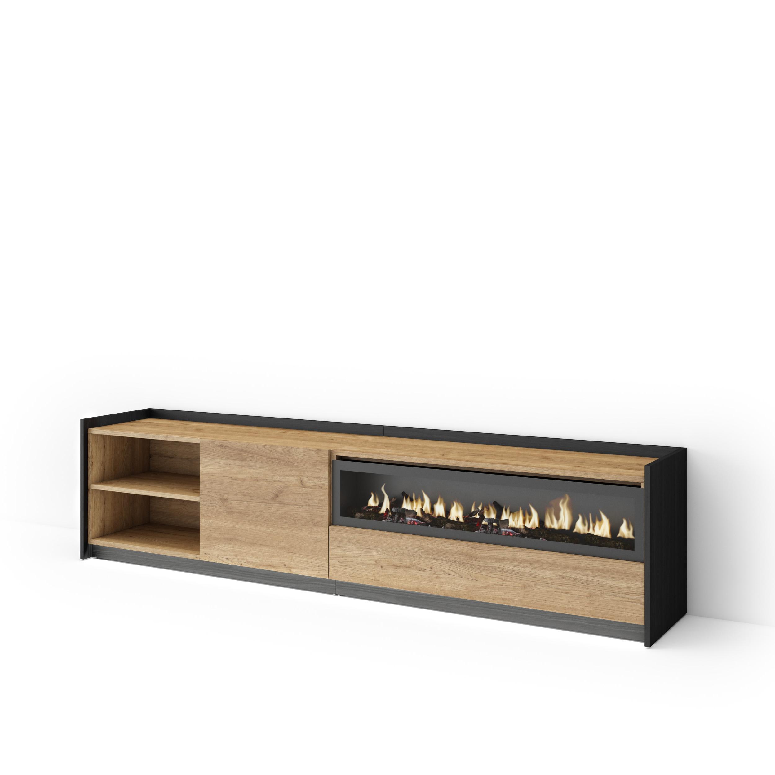 Mueble TV, Televisión, 207x37x50cm, Para TV hasta 80", Chimenea eléctrica, LED