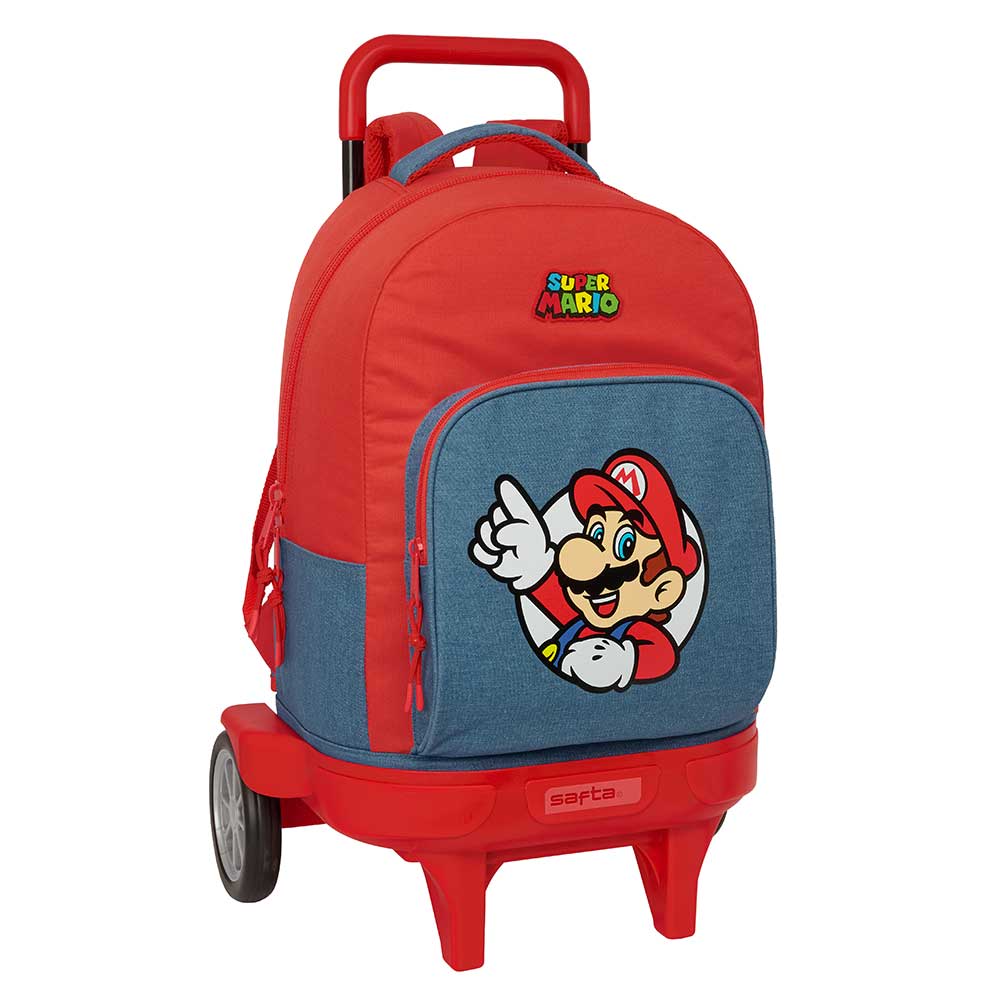 SAFTA | Mochila Grande con Ruedas Super Mario Compact Evolution Extraíble, Hombreras y Espalda Ergonómicas Acolchadas, Bolsillo Frontal Gran Formato, Laterales Portabotellas, Asa Superior, Organizador