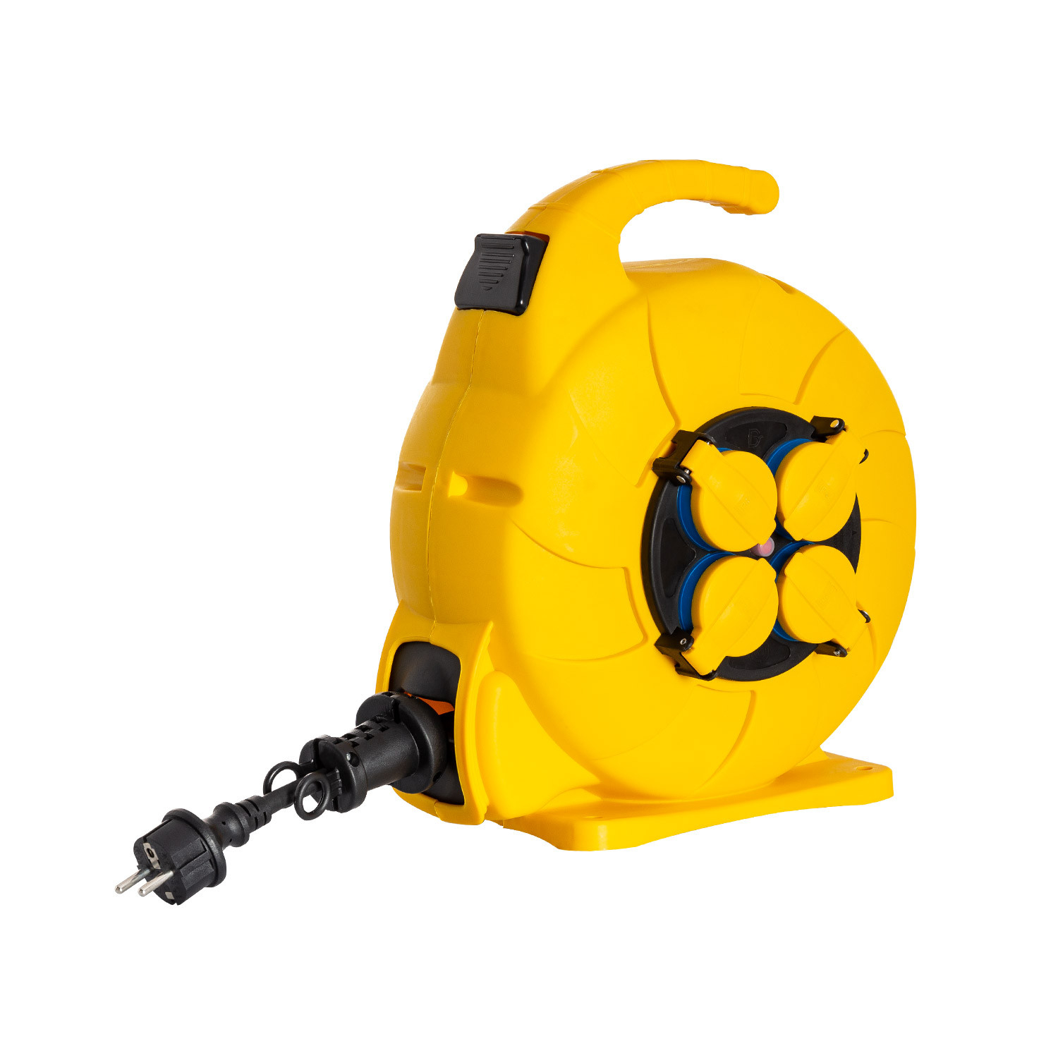 LEDKIA LIGHTING - Carrete de Cable Automático 15m | Potencia Máxima 3000W | Protección IP44 | 4 Enchufes German Socket | Uso Interior y Exterior, Negro