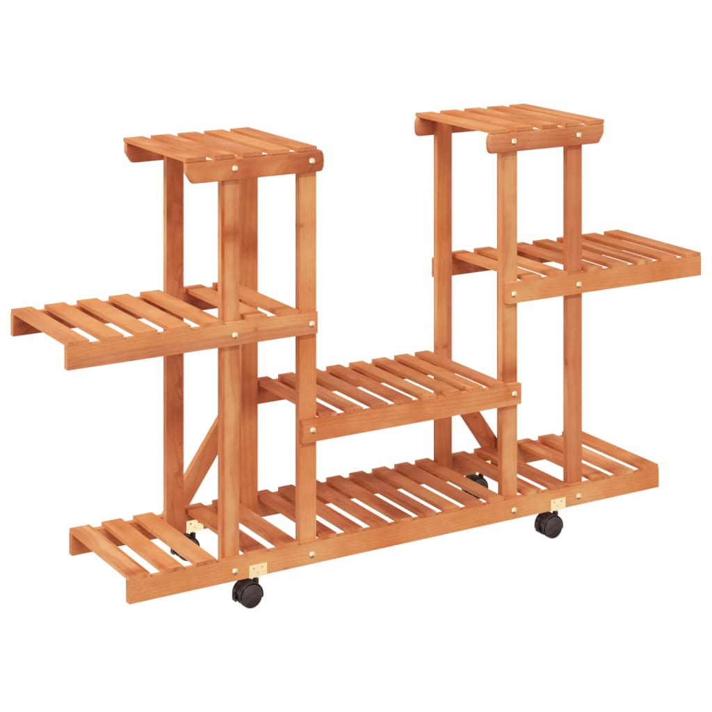vidaXL Soporte para flores con ruedas madera maciza abeto 110x25x78 cm Color Marrón claro,  Marrón, y mas