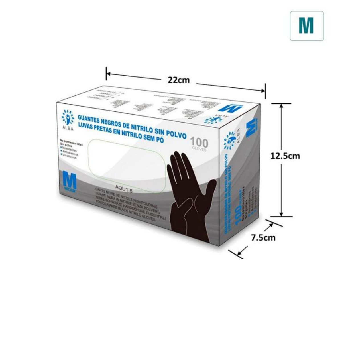 Plaza Tres Aguas – Caja 100 Guantes desechables NITRILO SIN POLVO Negros Talla S-XL - ALBA