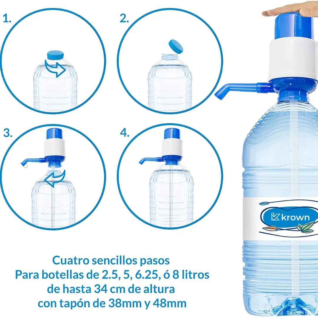 KROWN - Dispensador Agua para garrafas, Bomba Dispensador de Agua Manual, Dosificador  Agua garrafas Compatible con Botellas de 2 - 5 litros, para Botellas con  el tapón diámetro 38mm y 48mm