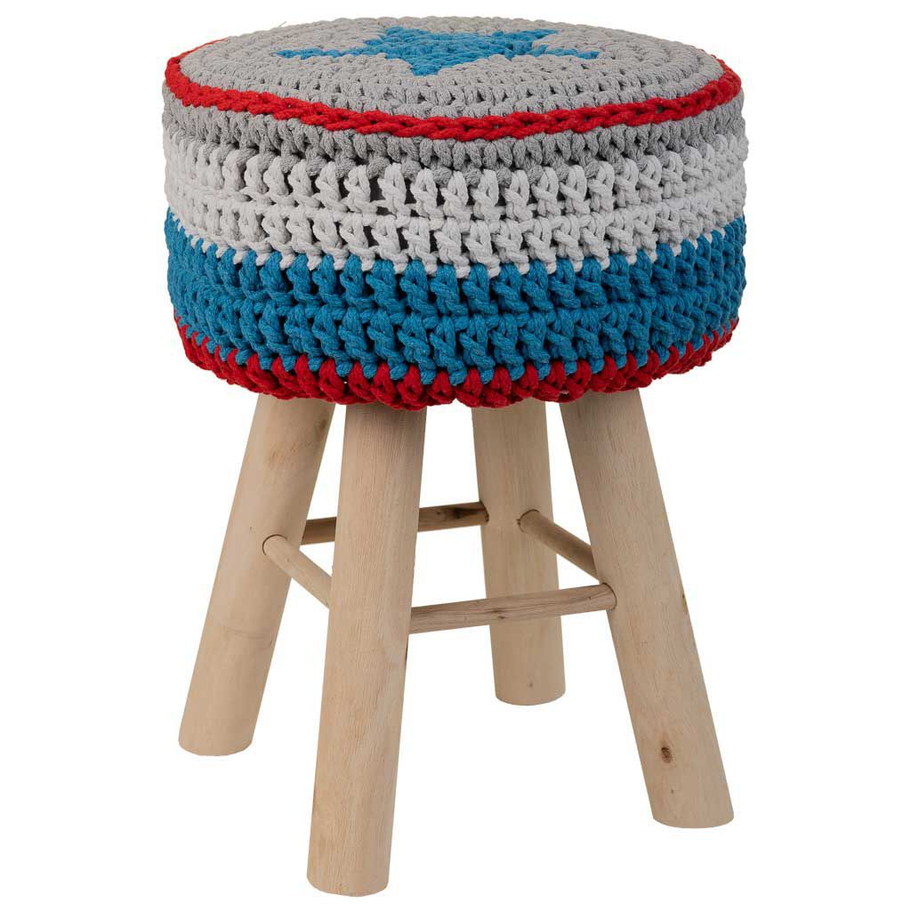 Taburete De Madera Y Algodón Trenzado Azul, El mejor complemento para tu hogar
