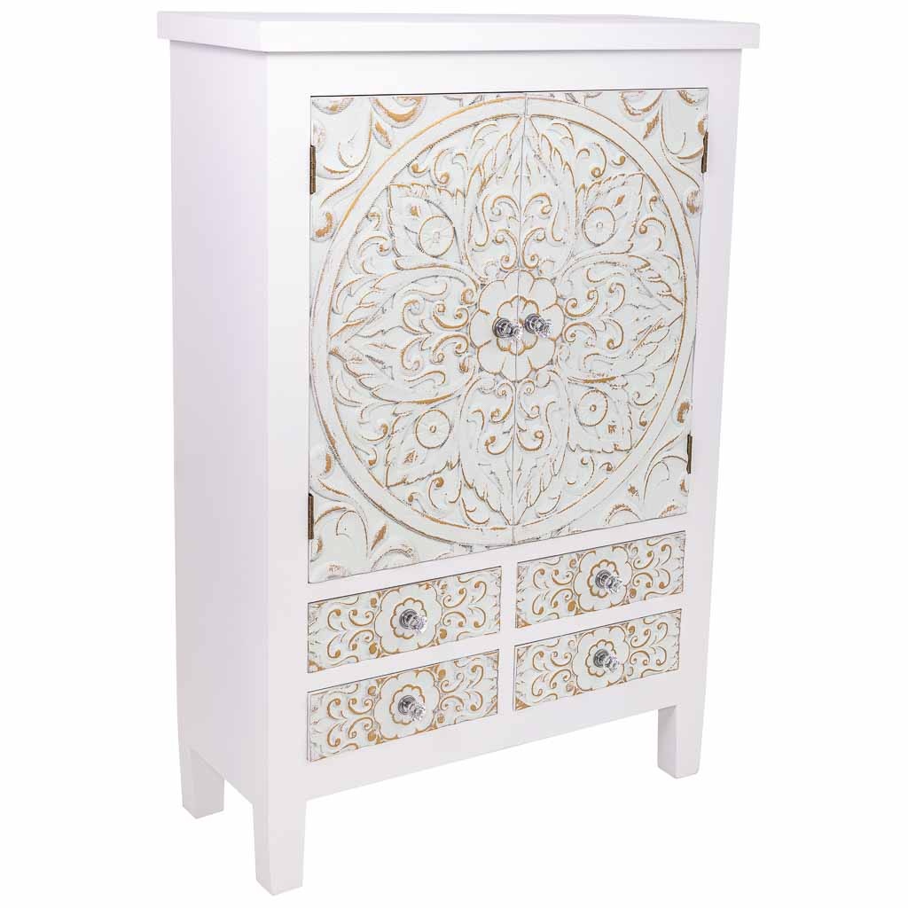 Wonderlust Deco - Armario de madera 4 cajones y 2 puertas 68x27,5x101h cm Blanco 68x27,5x101h cm