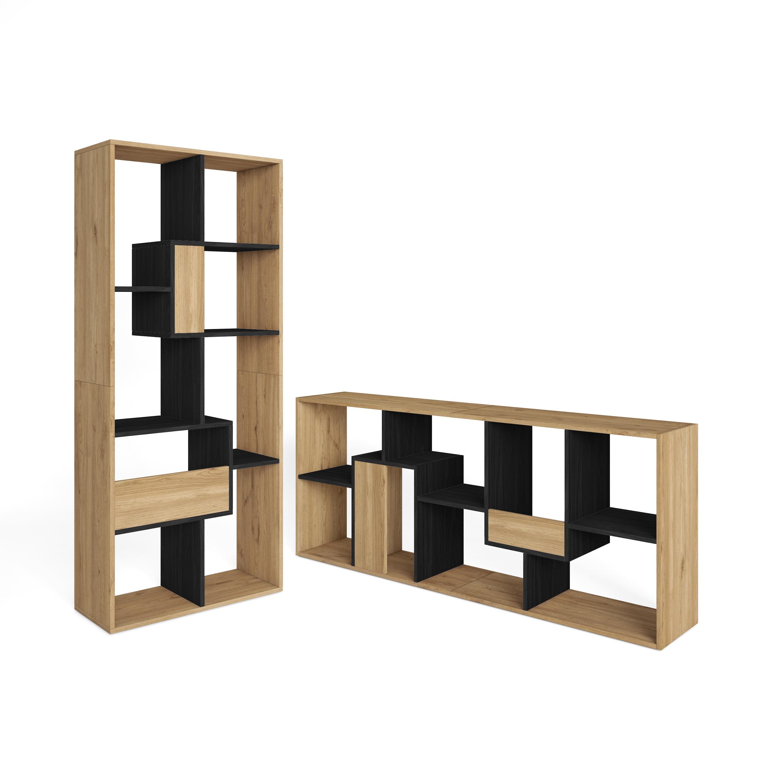 Skraut Home, Librería estantería, Estanteria libros de pared, 67x31x162cm, Con Almacenaje, Estilo Moderno, Roble y negro