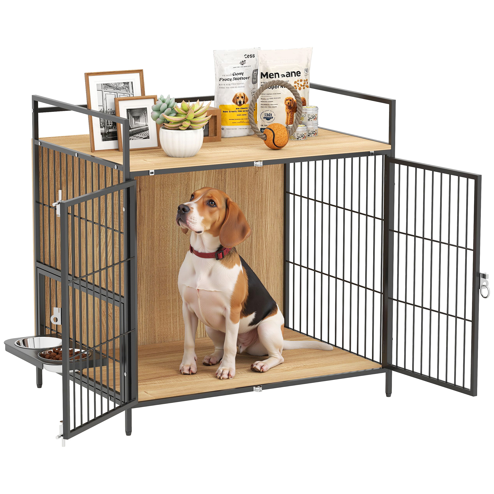 PawHut Jaula para Perros Mesa Auxiliar Moderna Casa para Mascotas con Soporte Giratorio con 2 Tazones 2 Puertas y Estante de Almacenamiento Superior para Perros Medianos 80x56x76,5 cm Roble