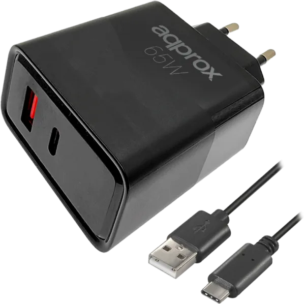 Cargador usb de viaje/pared 1xusb/usb-c + cable usb-a a usb-c 65w negro approx