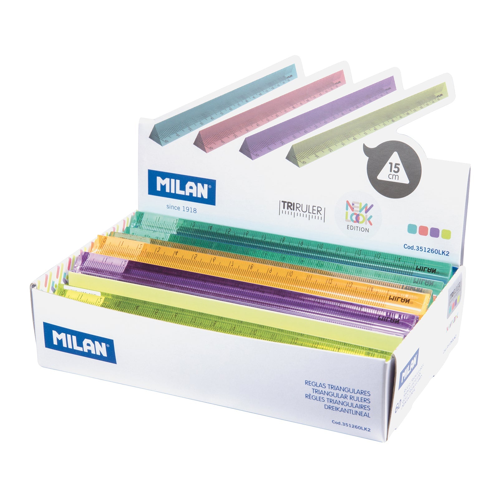 MILAN New Look - Caja de 60 Reglas Triangulares de 15 cm Plástico Rígido Transparente