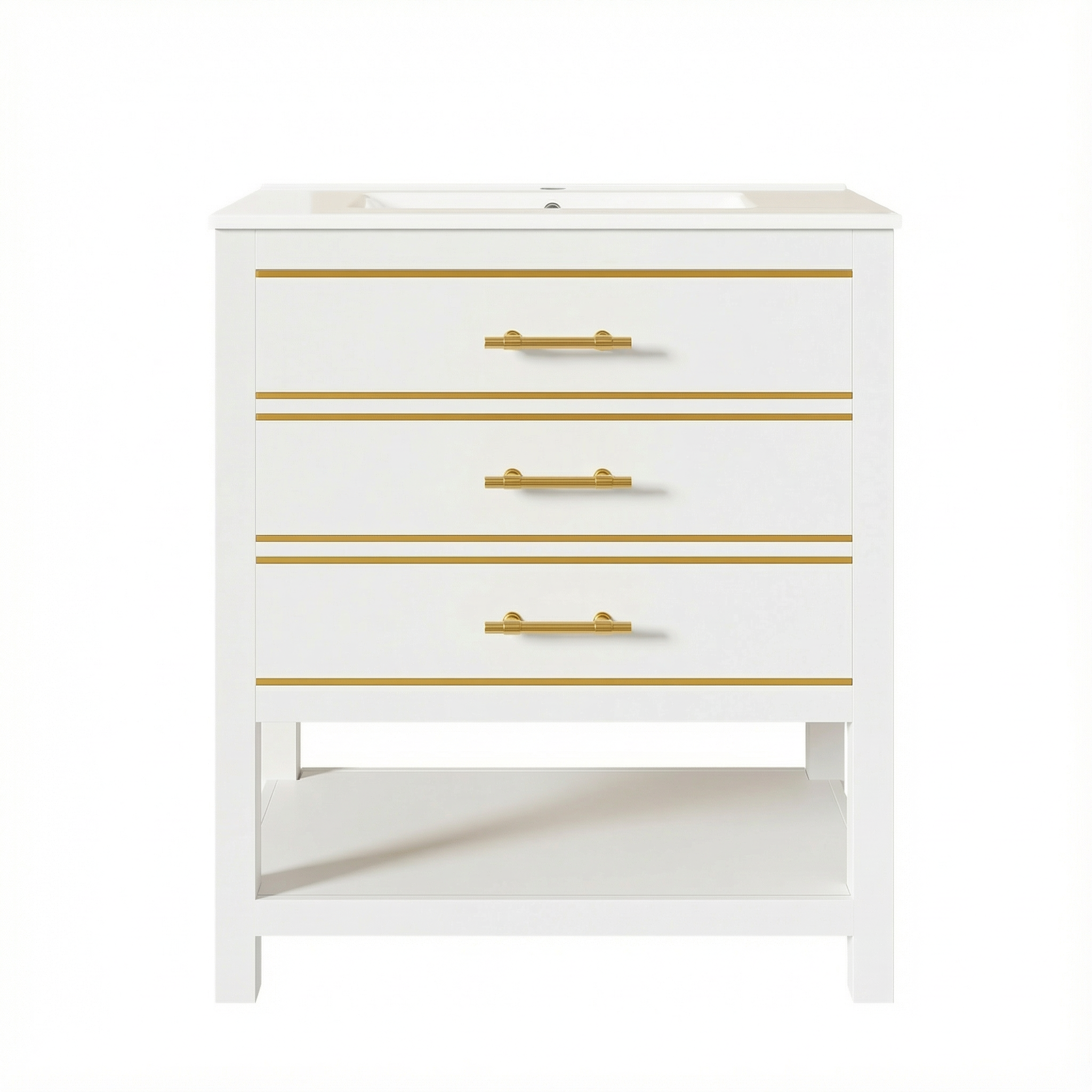 Meuble vasque blanc et doré avec lavabo en céramique, deux tiroirs et niche ouverte