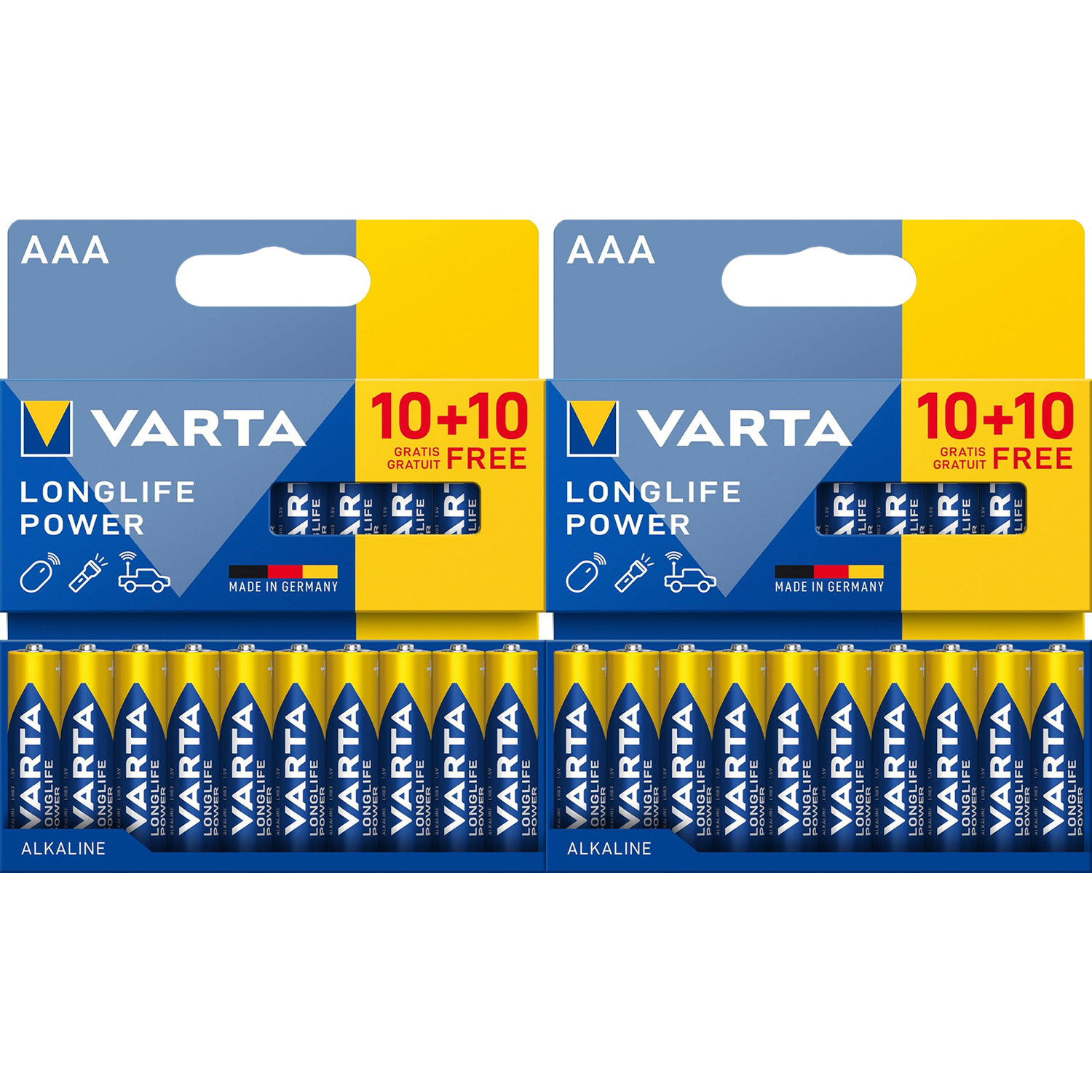 VARTA Pilas AAA Alcalinas de Alto Rendimiento, VARTA Longlife Power, Ultra Larga Duración, Energía Continua, Ideal para Controles Remotos, Juguetes Electrónicos, Linternas, Lámparas, Relojes, Cámaras y Otros Dispositivos de Uso Diario
