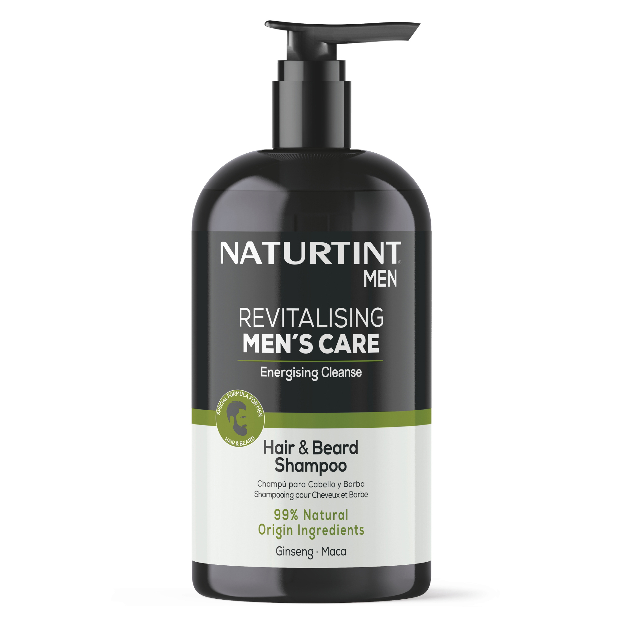 Naturtint Men Champú para Hombre: Cabello y Barba | Limpia, Nutre y Revitaliza | 99% Ingredientes Naturales | Con Ginseng y Maca | 500 ml