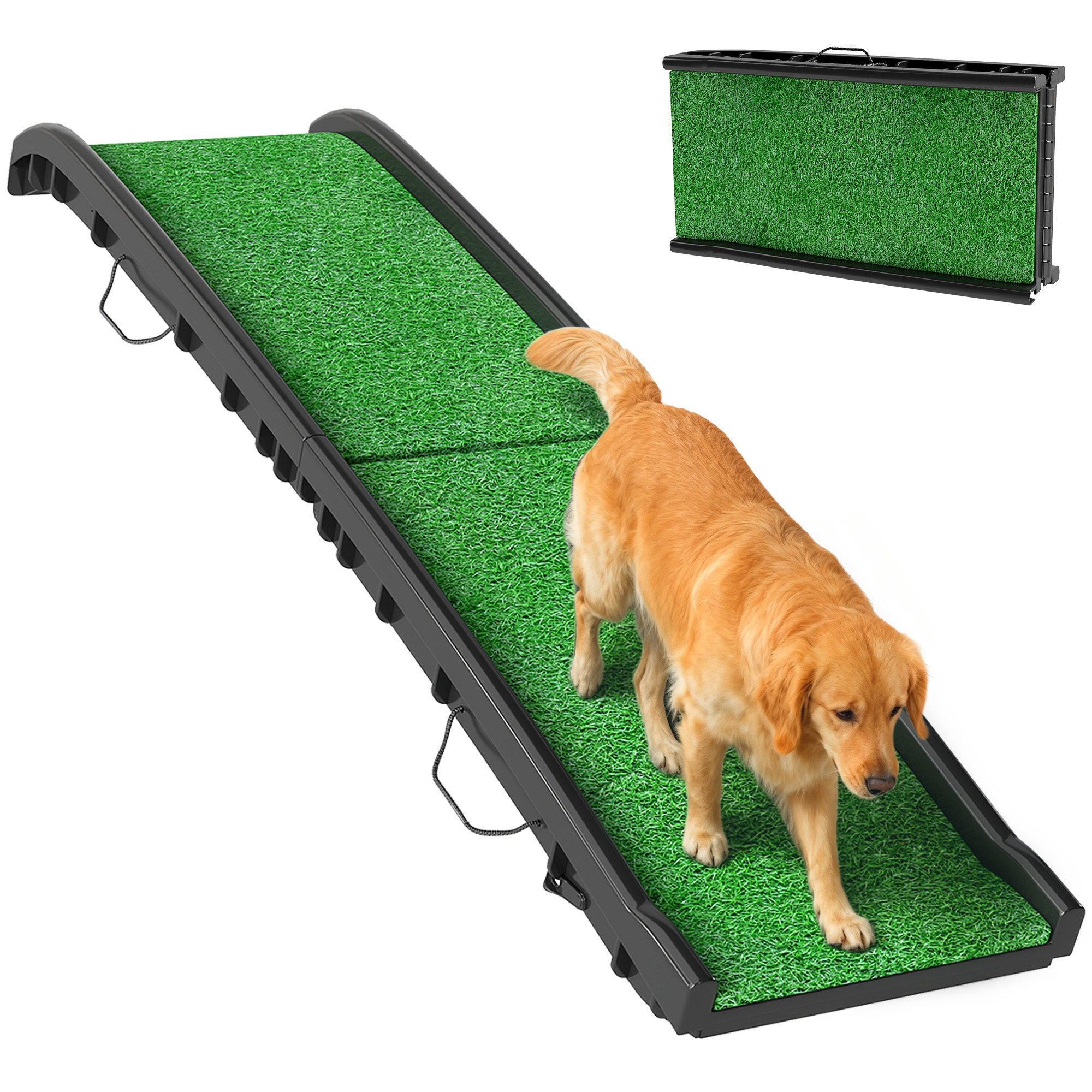 PawHut Rampa para Perros con Césped Artificial, 155 cm, Rampa para Perros para Coche Plegable con Asa, Ángulo Ajustable, Antideslizante, para Todas las Razas, para Cama, Sofá, Verde