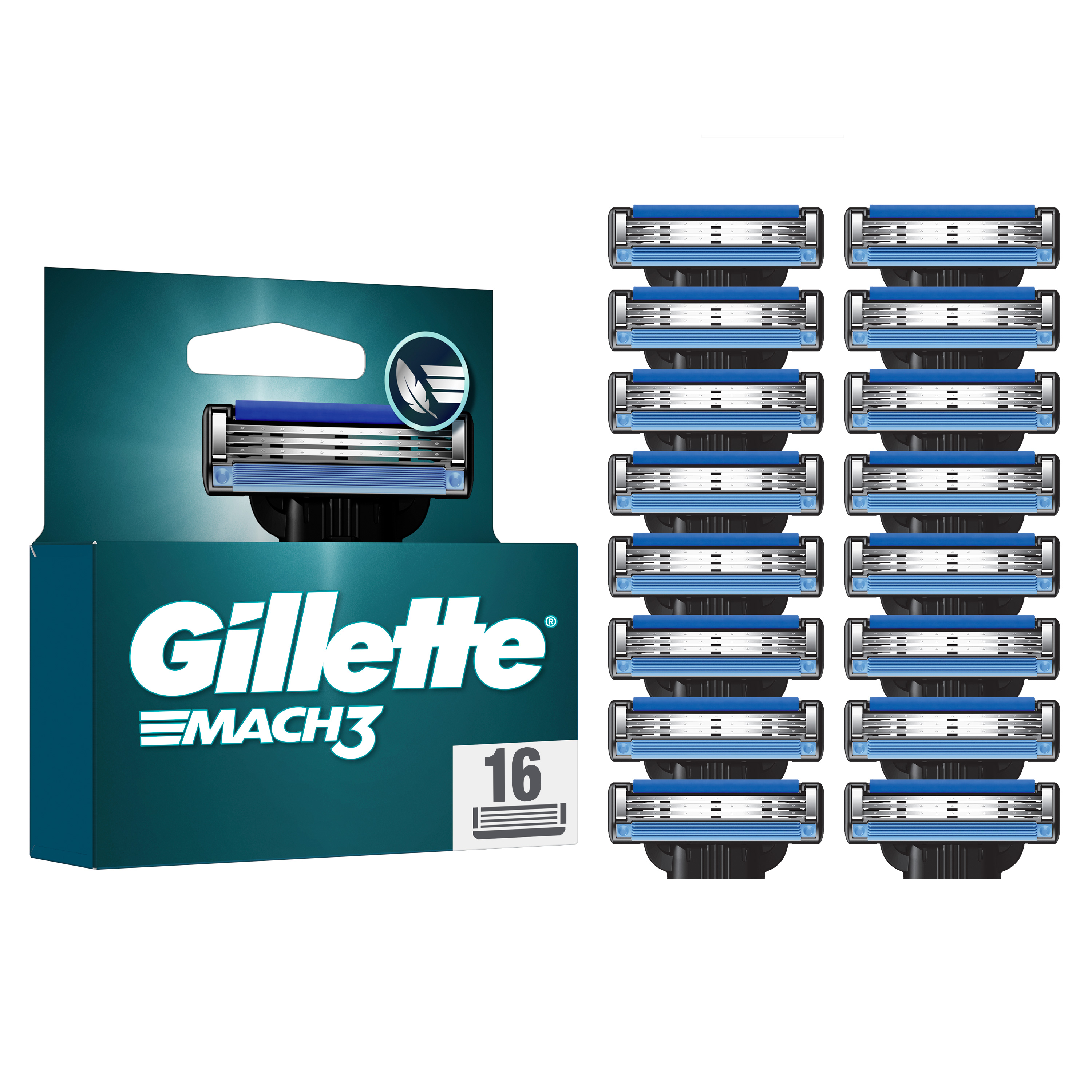 Gillette Mach3 Base Pack de 16 Recambios Para Maquinillas De Afeitar Para Hombre, Cuchillas de Afeitar Con 3 Hojas y Banda Lubricante Para Un Afeitado Suave, Compatible Con Todos Los Mangos Mach3
