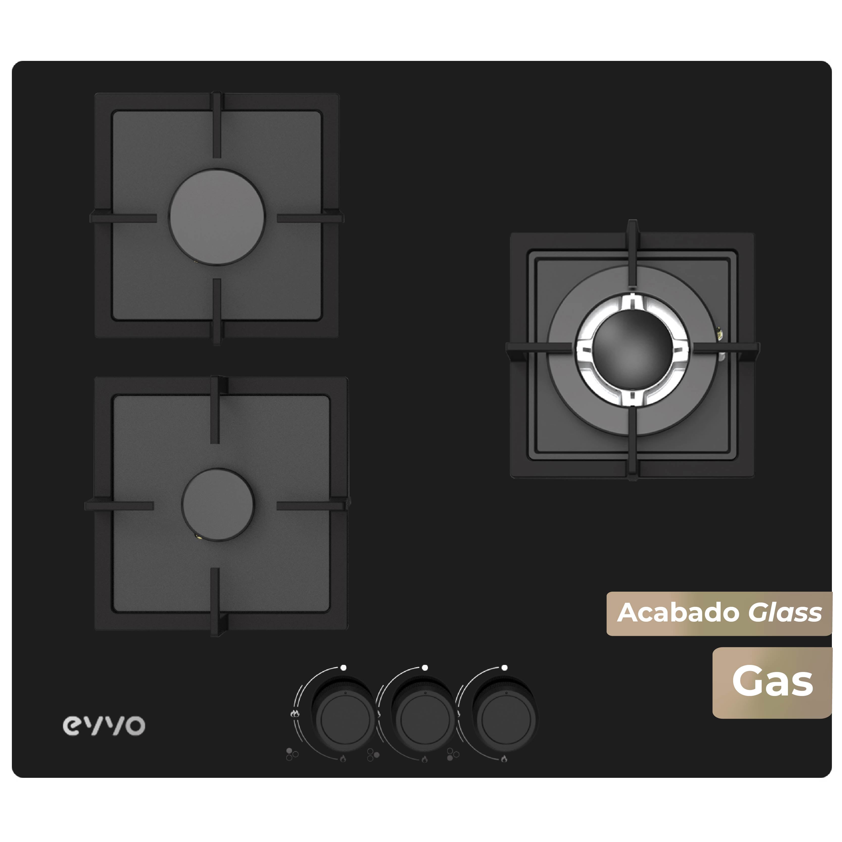 Placa de Gas EVVO V65 Glass — 3 quemadores, cristal templado, compatible con Gas Natural y Butano