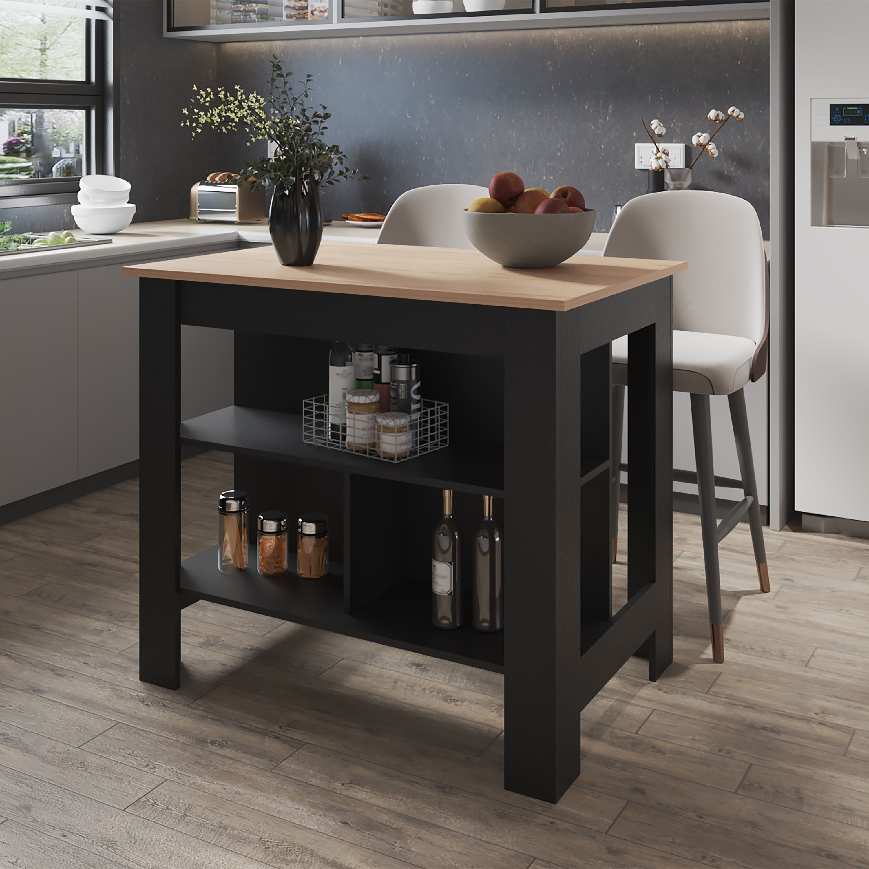 Isla de cocina Cala en melamina con 3 estantes ,  Rovere / Negro , 90 cm X 103 cm X 70 cm