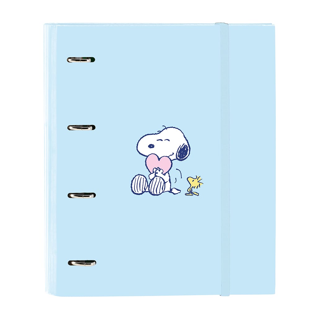 SAFTA | Carpeta Folio Snoopy Love 4 Anillas Redondas 35 mm con Recambio A4 100 Hojas Cuadrícula 5x5, Tapas Duras Forradas, Cierre Elástico, Separadores Interiores, 80 g/m²