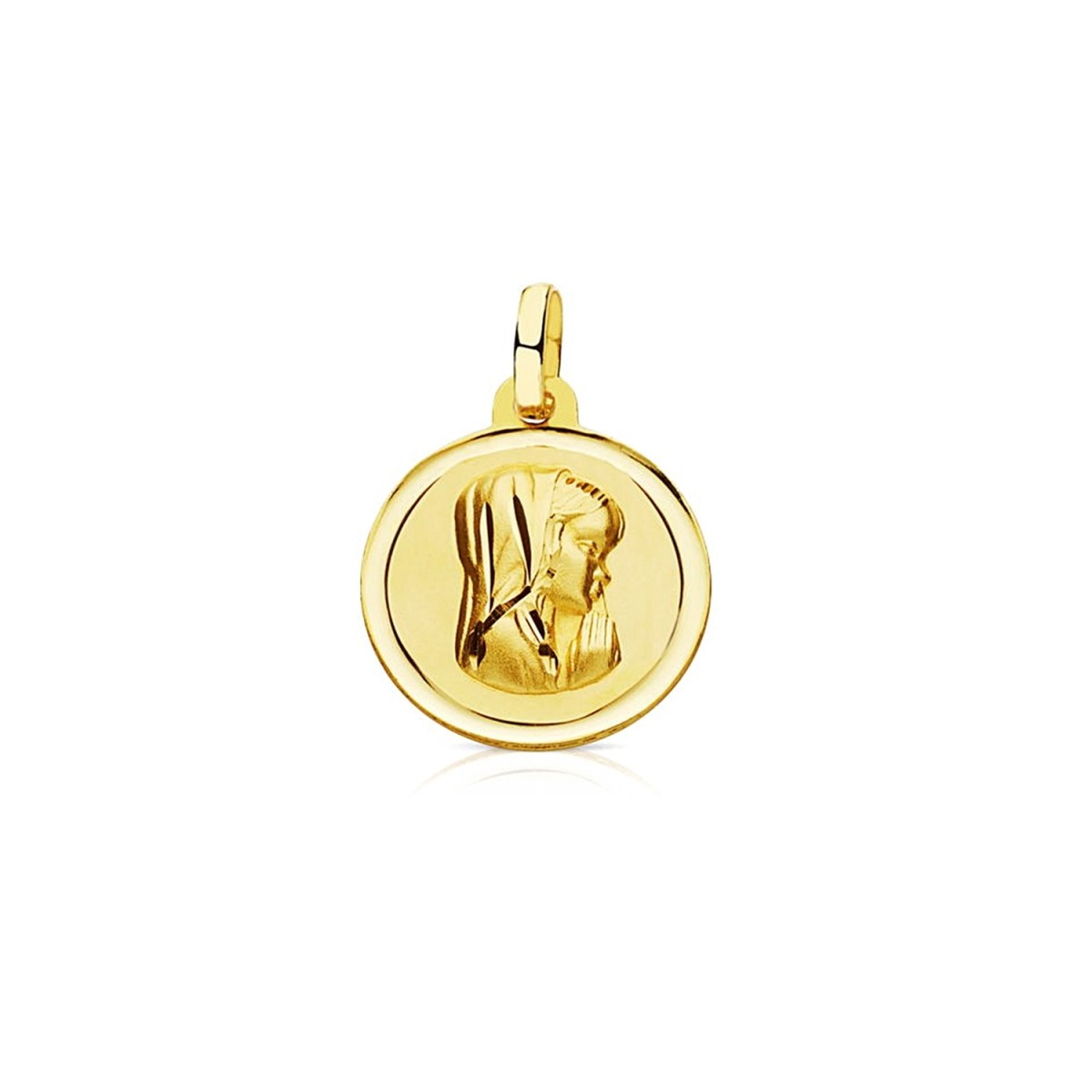 Medalla colgante oro 18k Virgen Niña 16mm. lisa matizada cerco bisel