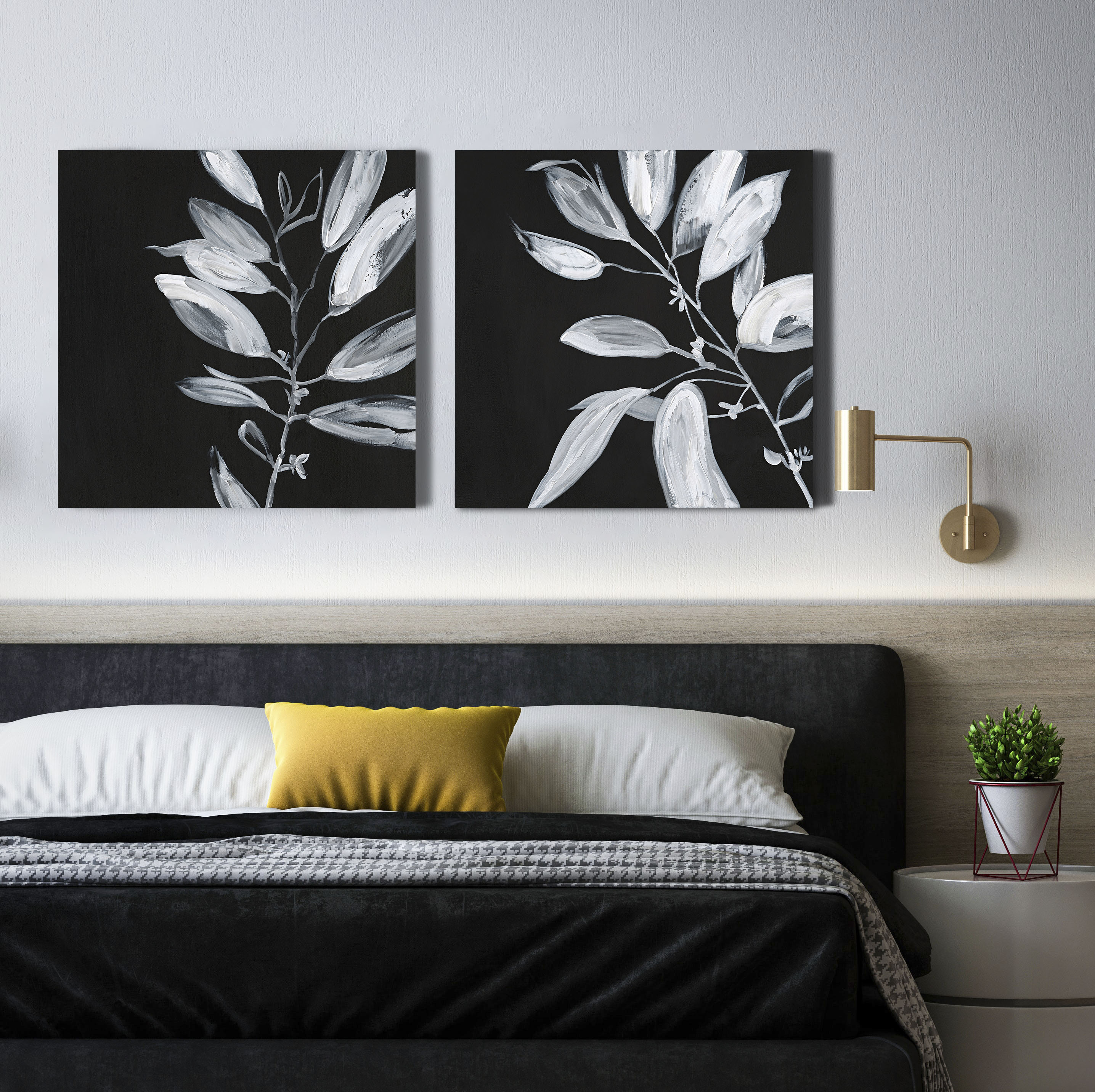 Hispanohogar - Set de 2 Cuadros Impresos en Lienzo, Hojas Blancas, 60x60 Cm
