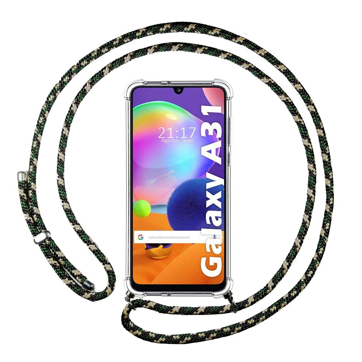 Tumundosmartphone Funda Colgante Transparente para Samsung Galaxy A31 con Cordon Verde / Dorado