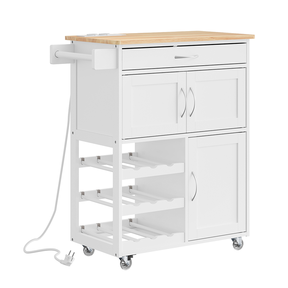 SoBuy Carro de cocina blanco con cajón, estante para vino y enchufe integrado | MDF | 75×37×87 cm