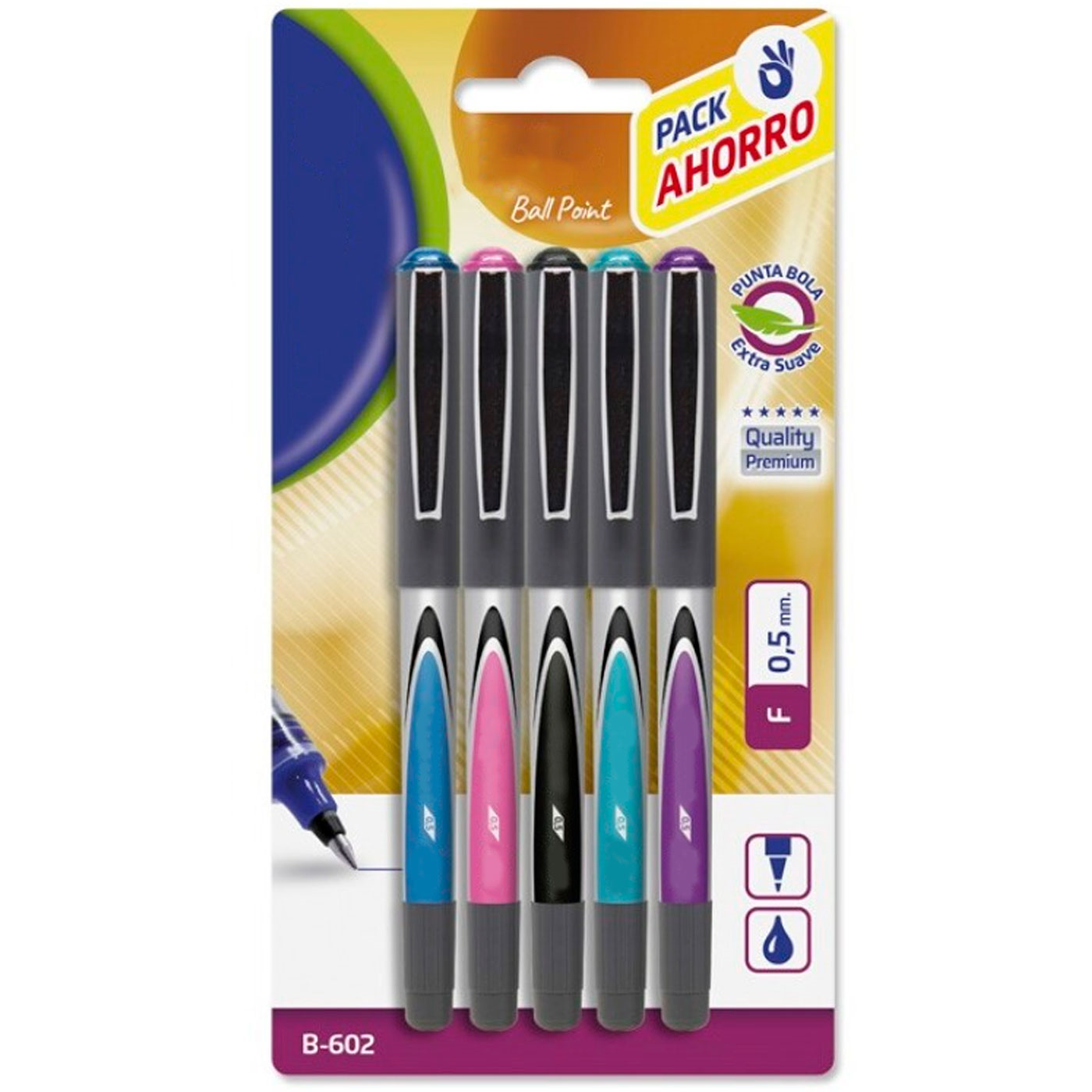 Tradineur - Pack de 6 bolígrafos retráctiles - Fabricado en plástico PVC -  Tinta aceite - Punta de 1mm - Color Surtido.
