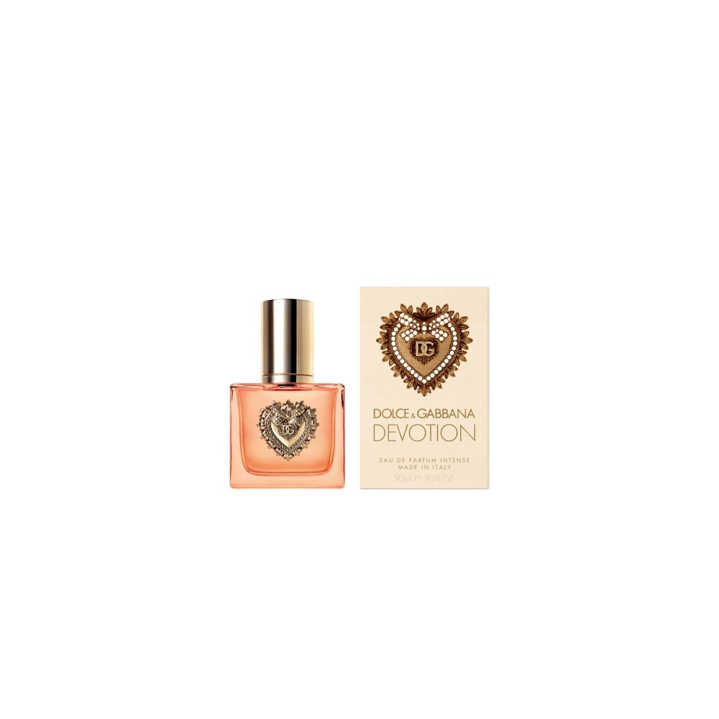 Dolce & Gabbana - Perfume Devotion Intense EDP para mujer, fragancia gourmand luminosa con notas de flor de azahar, vainilla y avellana, envolvente y cálida, frasco ámbar con Sagrat Cor