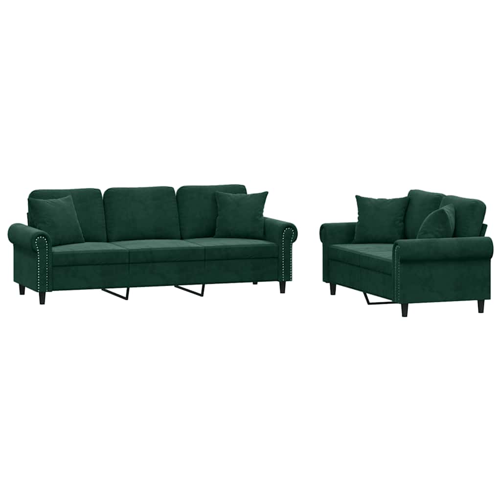 vidaXL Juego de sofás con cojines 2 piezas terciopelo verde oscuro