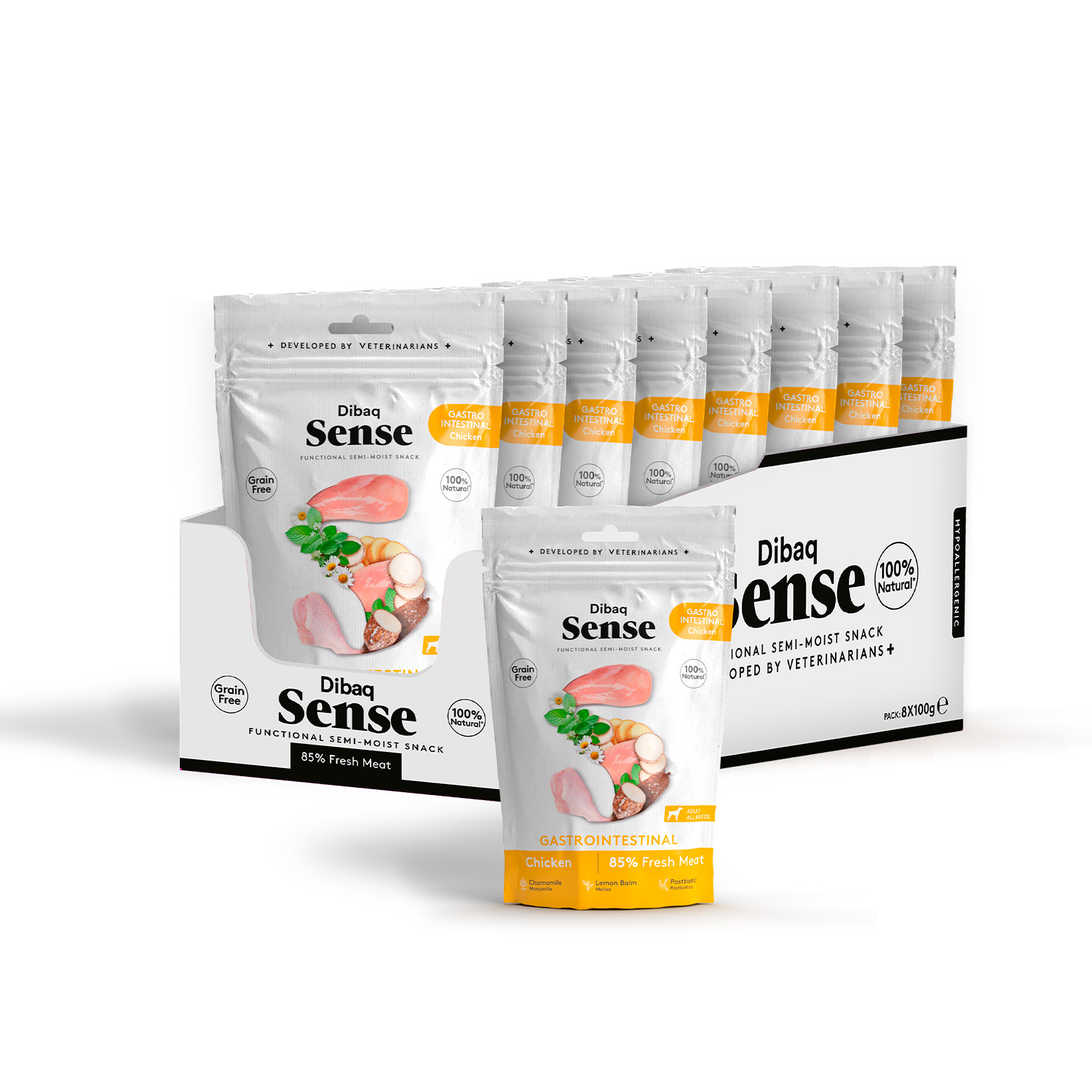 Dibaq Sense Dog, Snack para perros, grain free, gastro, pollo sin cereal, pack 3 uds x 100 gr