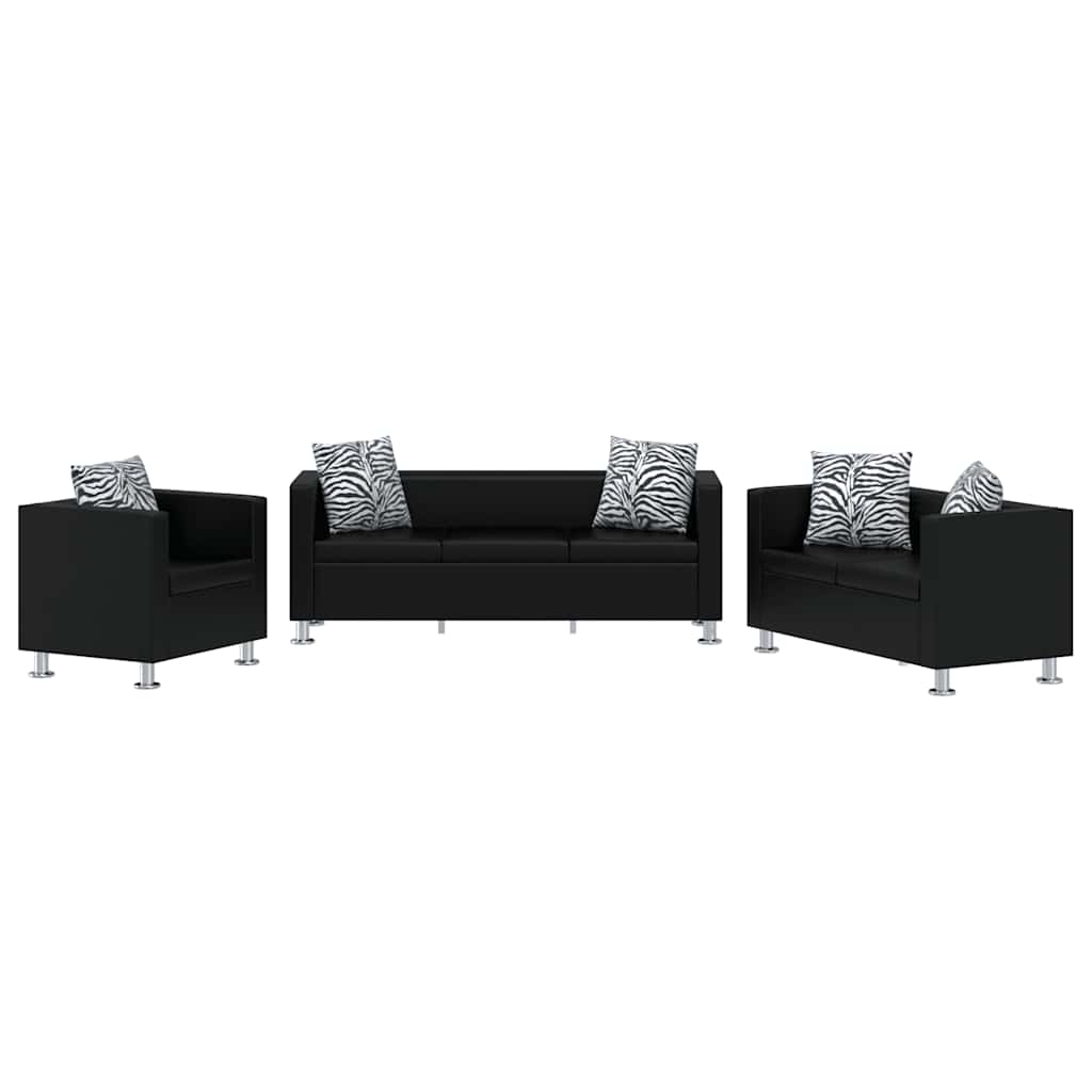 vidaXL Conjunto de sofás de 2 y 3 plazas y sillón de cuero artificial negro