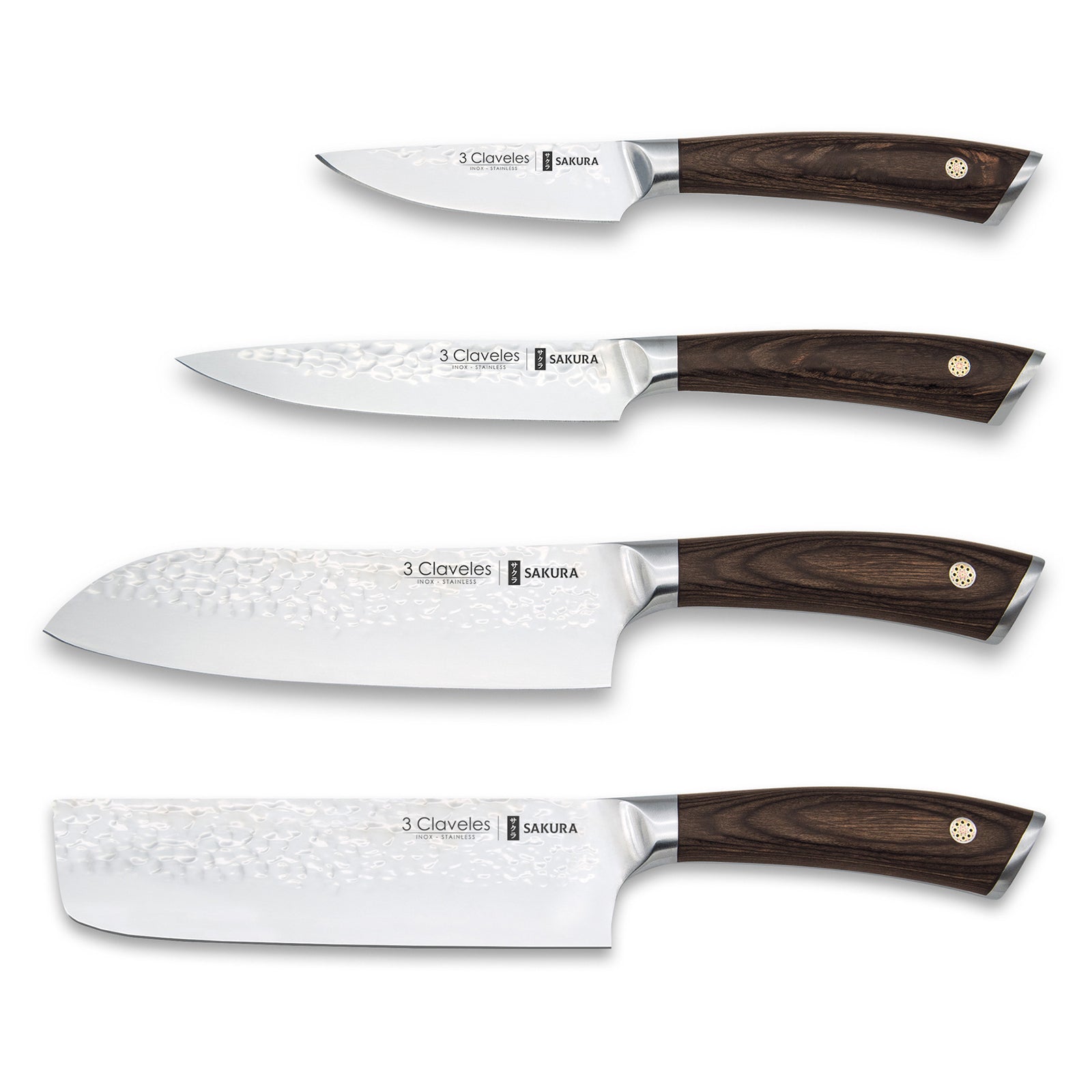 3 Claveles Sakura - Juego Premium de 4 Cuchillos Acero Forjado con Hoja Martilleada