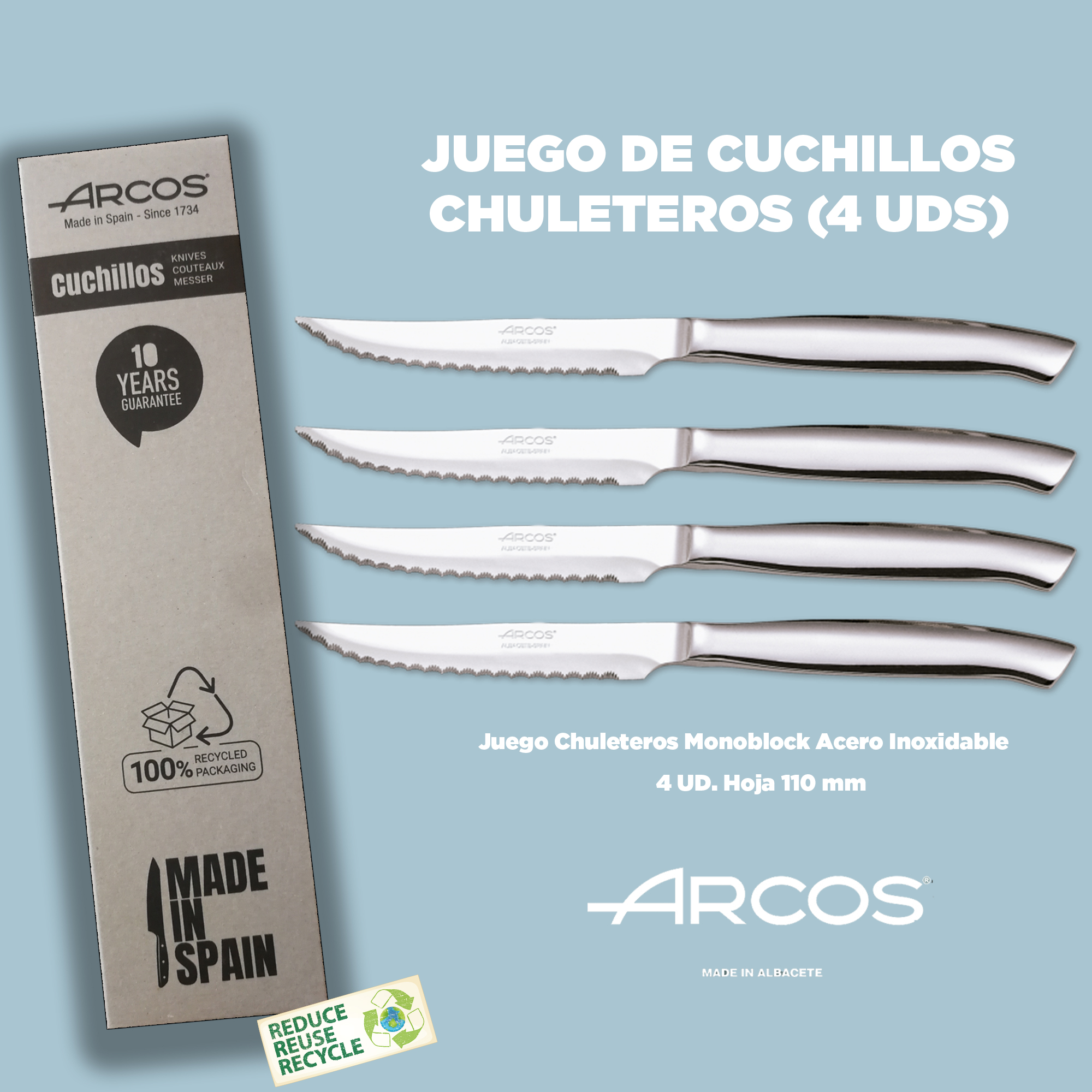 ARCOS - Set de 4 Cuchillos Chuleteros Monoblock en Acero Inoxidable