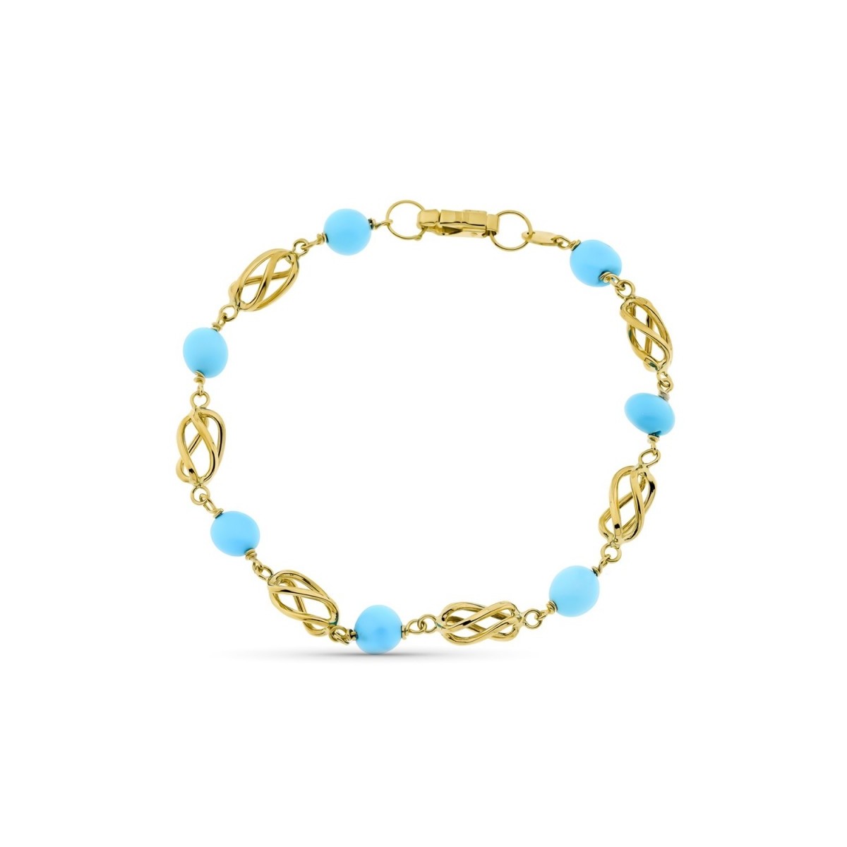 Pulsera oro 18k mujer jaulas combinadas piedras turquesa mosquetón