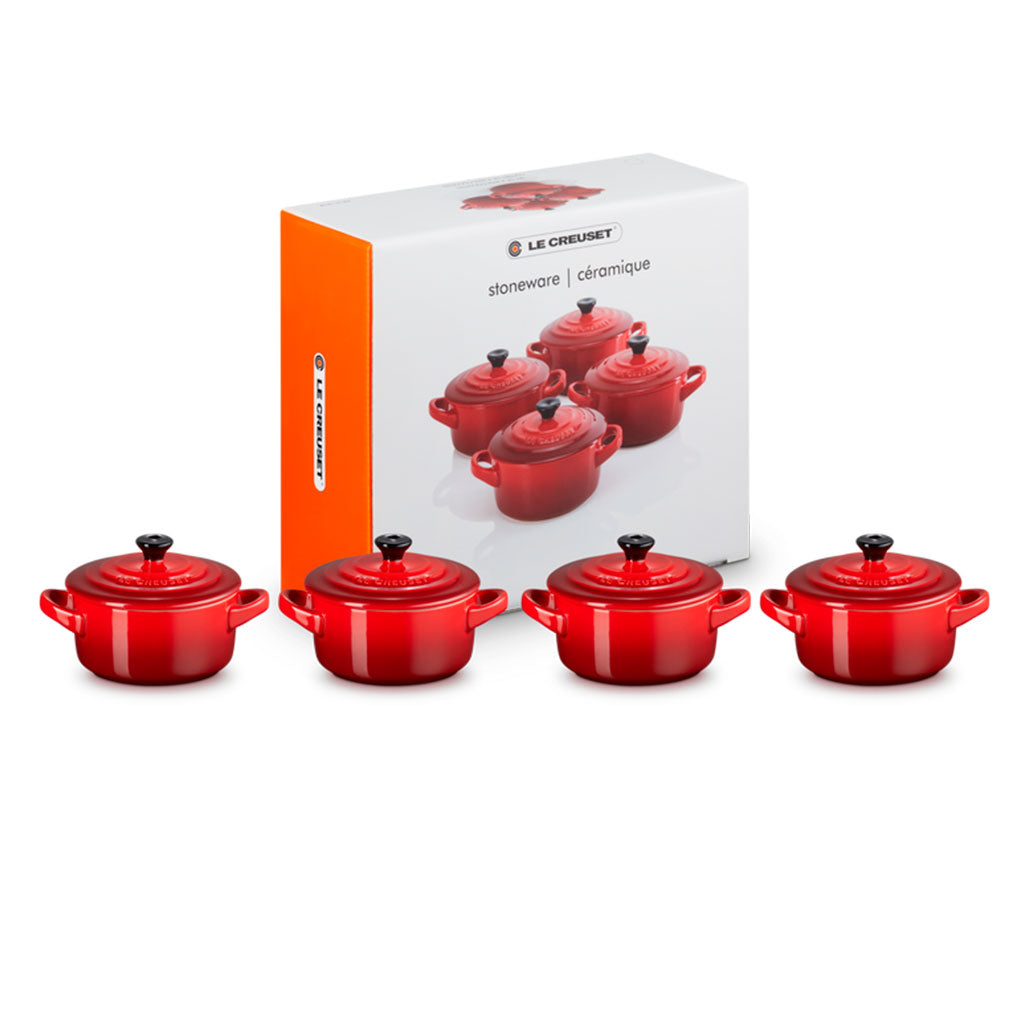 Set de 4 Mini Cocottes Cerámicas Le Creuset para Horno, Microondas y Congelador, Perfectas para Cocinar, Servir y Regalar, 10 Años de Garantía