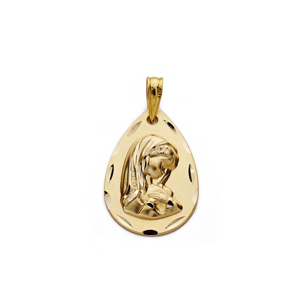 Medalla oro 9k Virgen Niña 21mm. forma lágrima detalles borde tallados