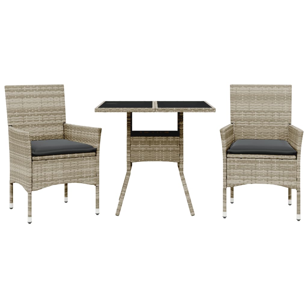 vidaXL Set comedor jardín 3 pzas y cojines ratán PE vidrio gris claro