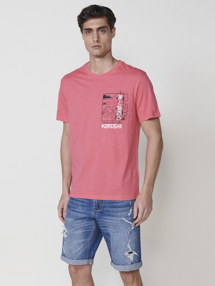 Koroshi Camiseta Hombre Manga Corta Estampado Japonés Rosa – Koroshi