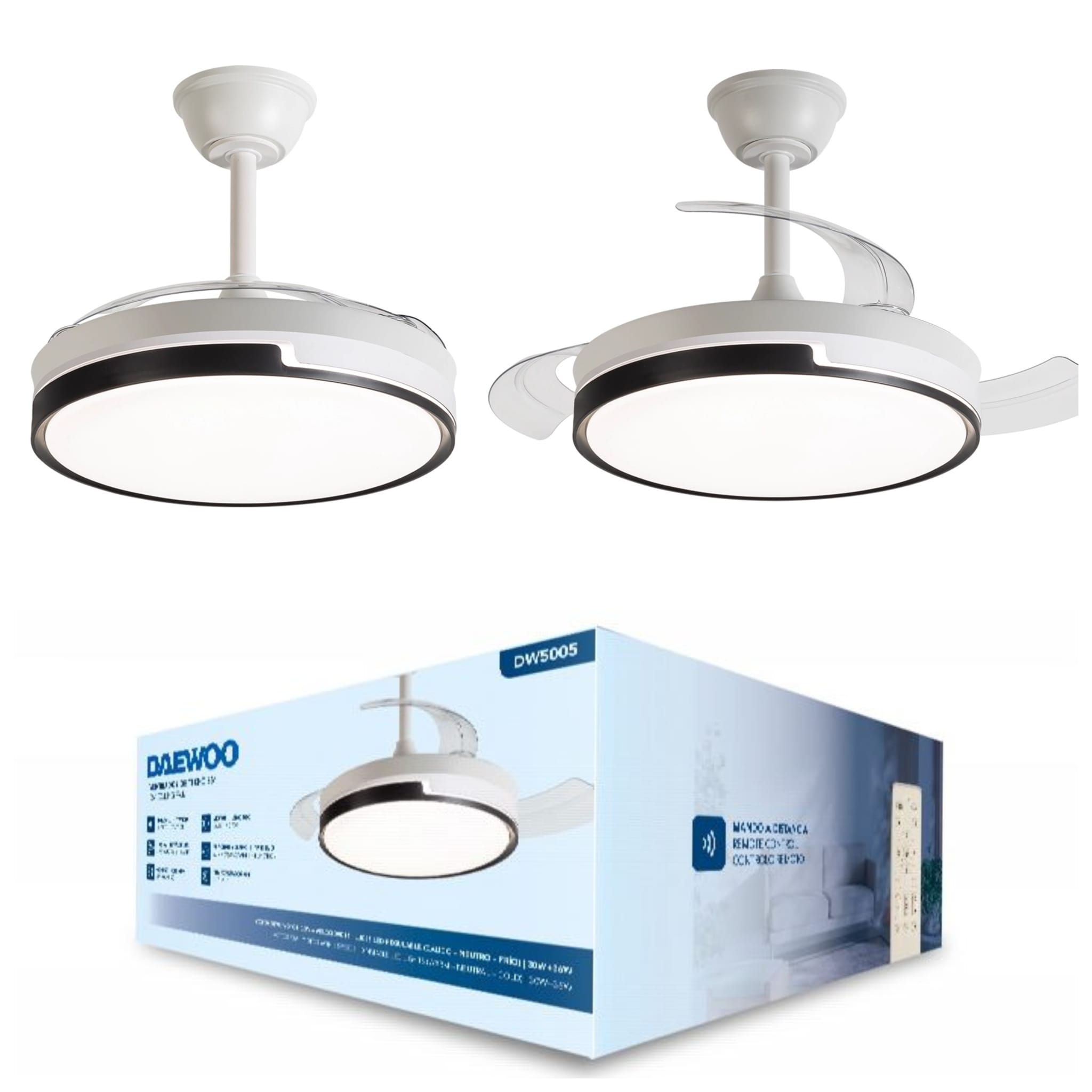DAEWOO PREMIUM VENTILADOR DE TECHO CON LUZ 36/90D BLANCO/NEGRO -ASPAS RETRACTILES-MOTOR 30W LED 25W-3 TEMP REGULABLE 6VELOCIDADES ULTRASILENCIOSO,FUNCION VERANO/INVIERNO -CONTROL APP,TEMPORIZADOR 4H CALIDAD 100% GARANTIZADA