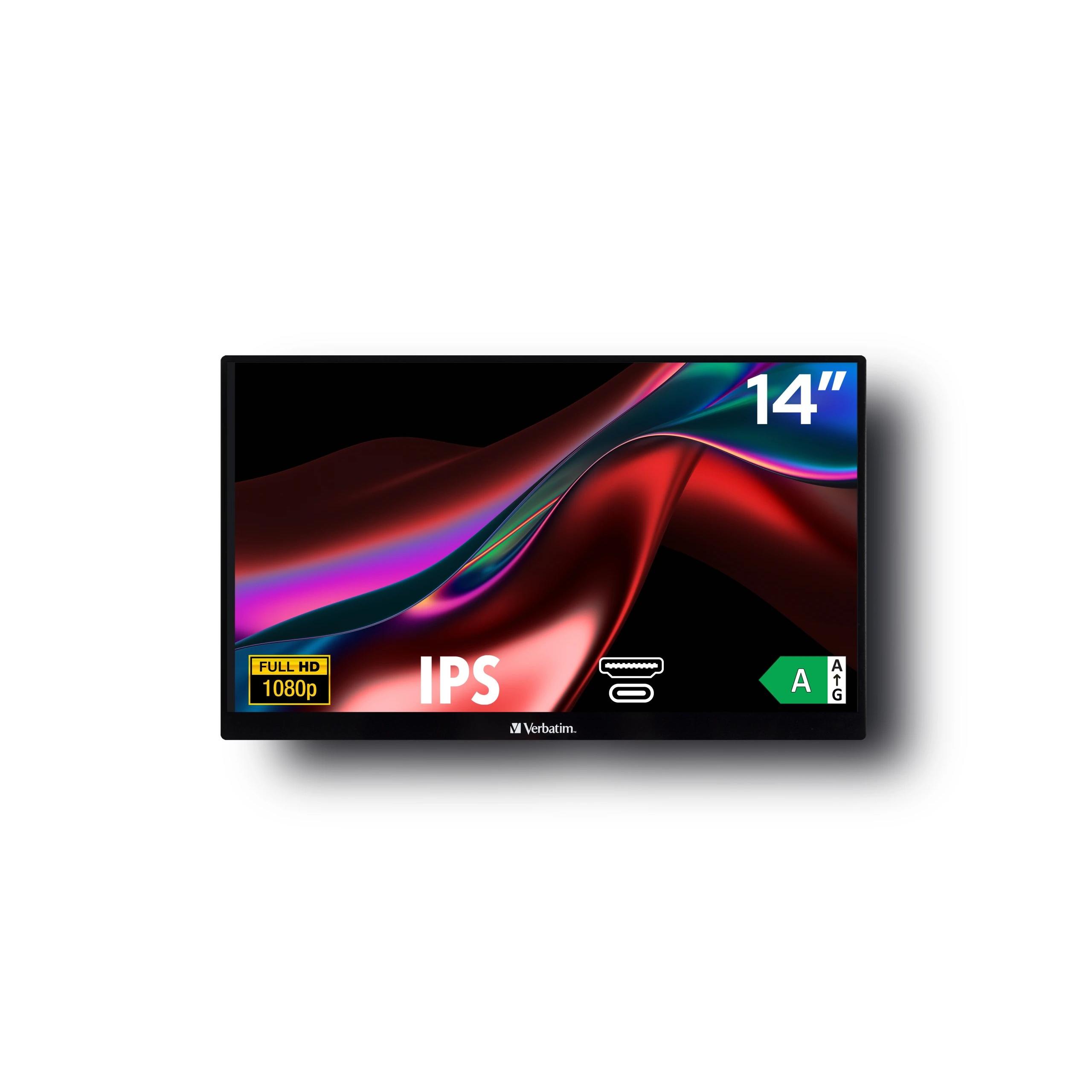 Monitor de Oficina y Teletrabajo IPS Verbatim 14" Full HD Monitor Portátil Desktop  | 60 Hz, 6 ms, 16 :9, Ideal como pantalla secundaria, Sin ajustes de altura, Diseño ligero