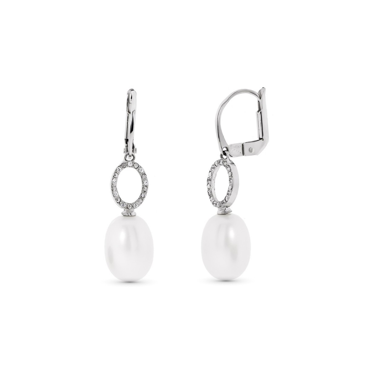 Pendientes oro blanco 18k mujer largos oval calados combinados perlas 9 mm. cierre palillo catalán
