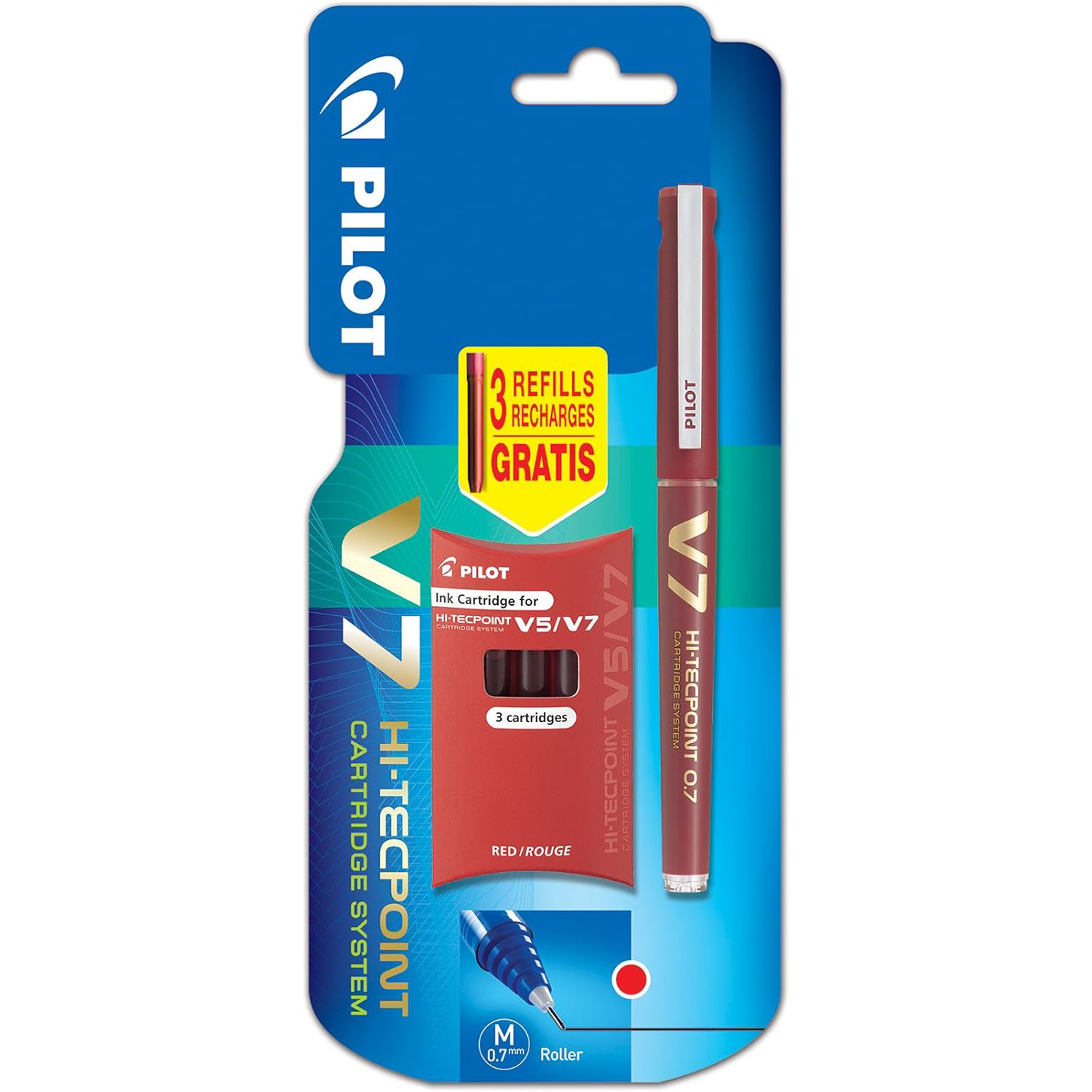 Pilot Bolígrafo Hi-Tecpoint V7 + Pack de 3 Recargas Color Rojo