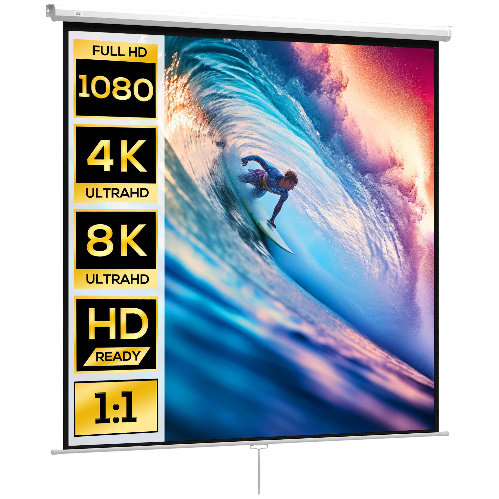 HOMCOM Pantalla de Proyector Manual 120 Pulgadas Pantalla de Proyección Portátil Formato 1:1 Ángulo de Visión de 160° para Interior y Exterior Eventos Deportivos Cine en Casa Patio 207x207 cm Blanco