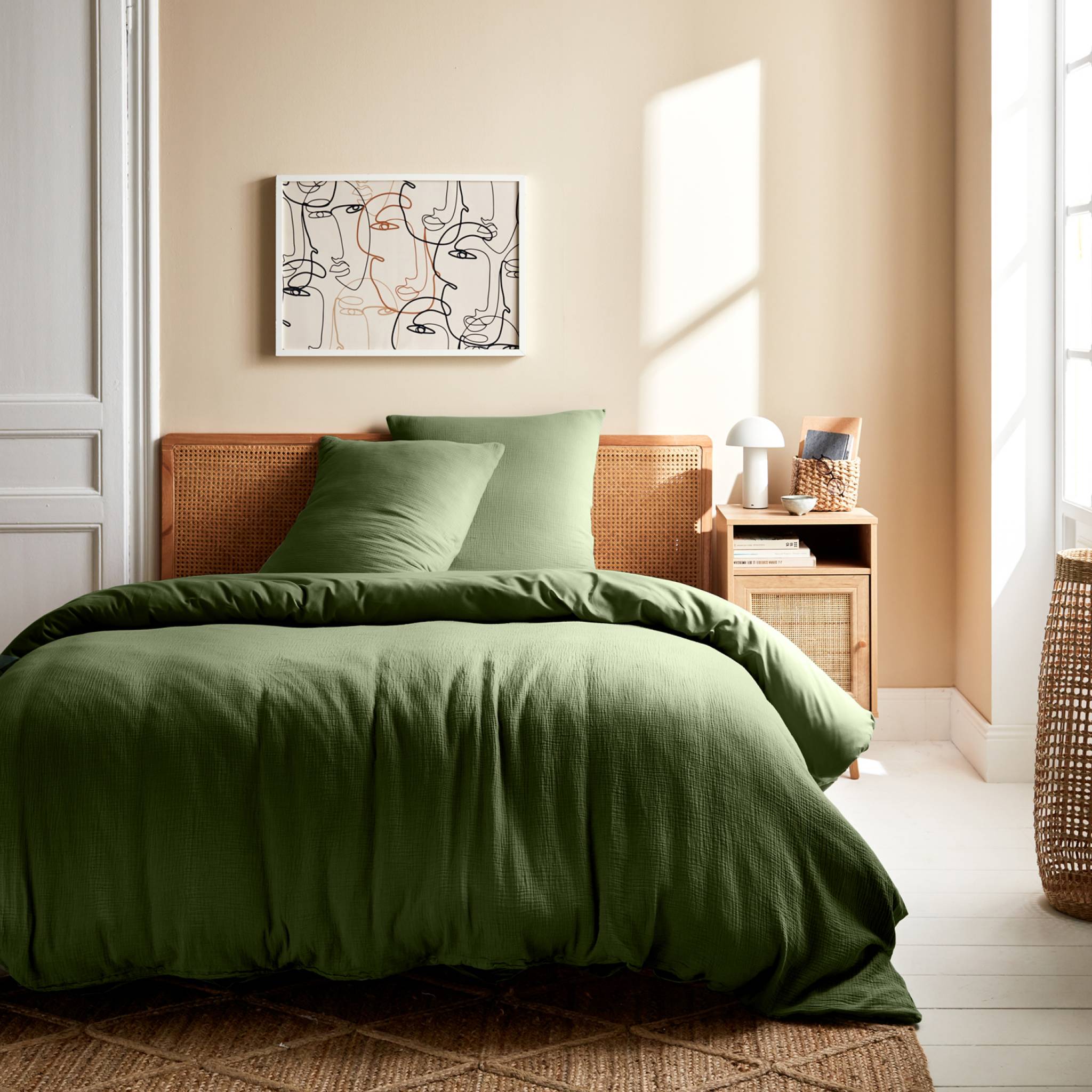 sweeek - Set de cama de gasa de algodón caqui, Alix, 240x260x240 cm