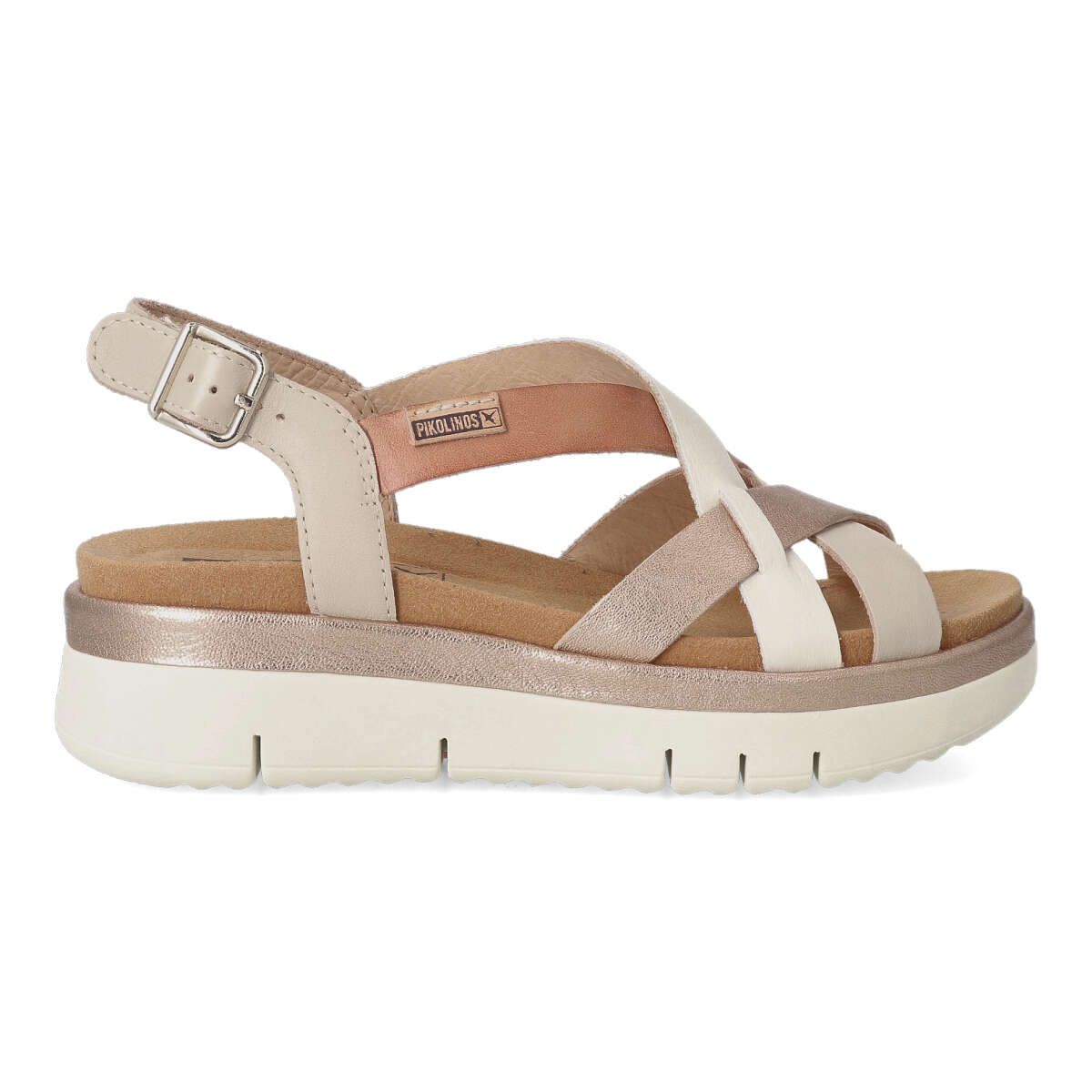 Pikolinos - Sandalias de tiras Palma para mujer con cierre de hebilla, suela antideslizante de goma y piel de alta calidad, color cuero-marfil-bronce