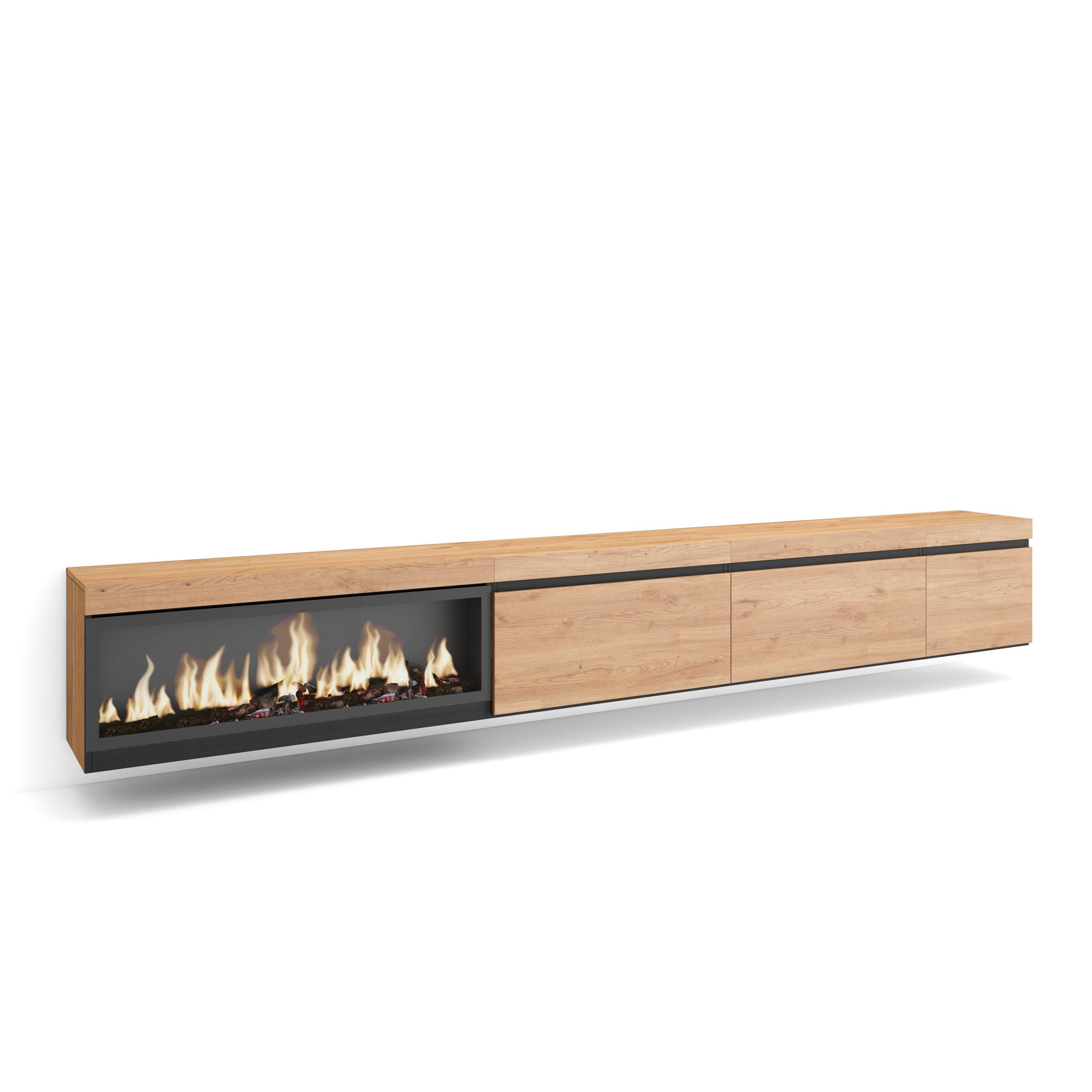 Skraut Home, Mueble TV, Televisión, Muebles de salón, almacenaje, 317x35x45cm, Chimenea eléctrica XXL led efecto fuego 3d, Colgado color Roble