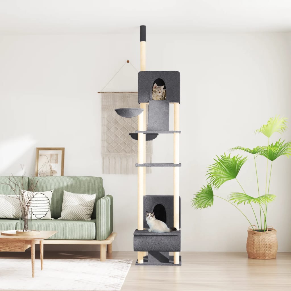 vidaXL Árbol Rascador para Gatos de Suelo a Techo 277-303 cm Casa Torre Color Crema,  Gris claro,  Gris oscuro y mas